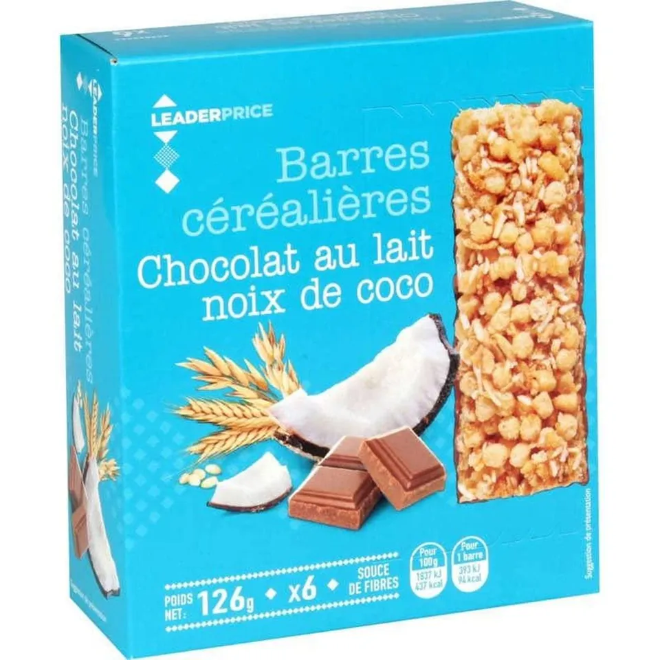 Leader Price Petit-déjeuner barres céréalières chocolat lait coco x6 126g