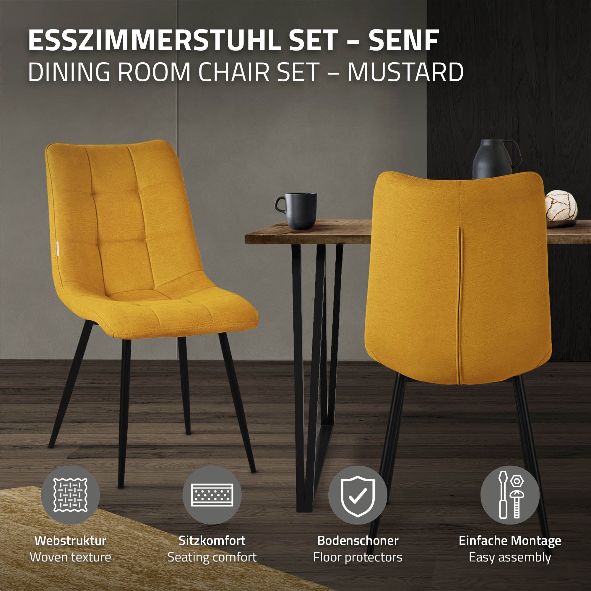 ECD Germany chaises salle à manger moutarde x2 polyester