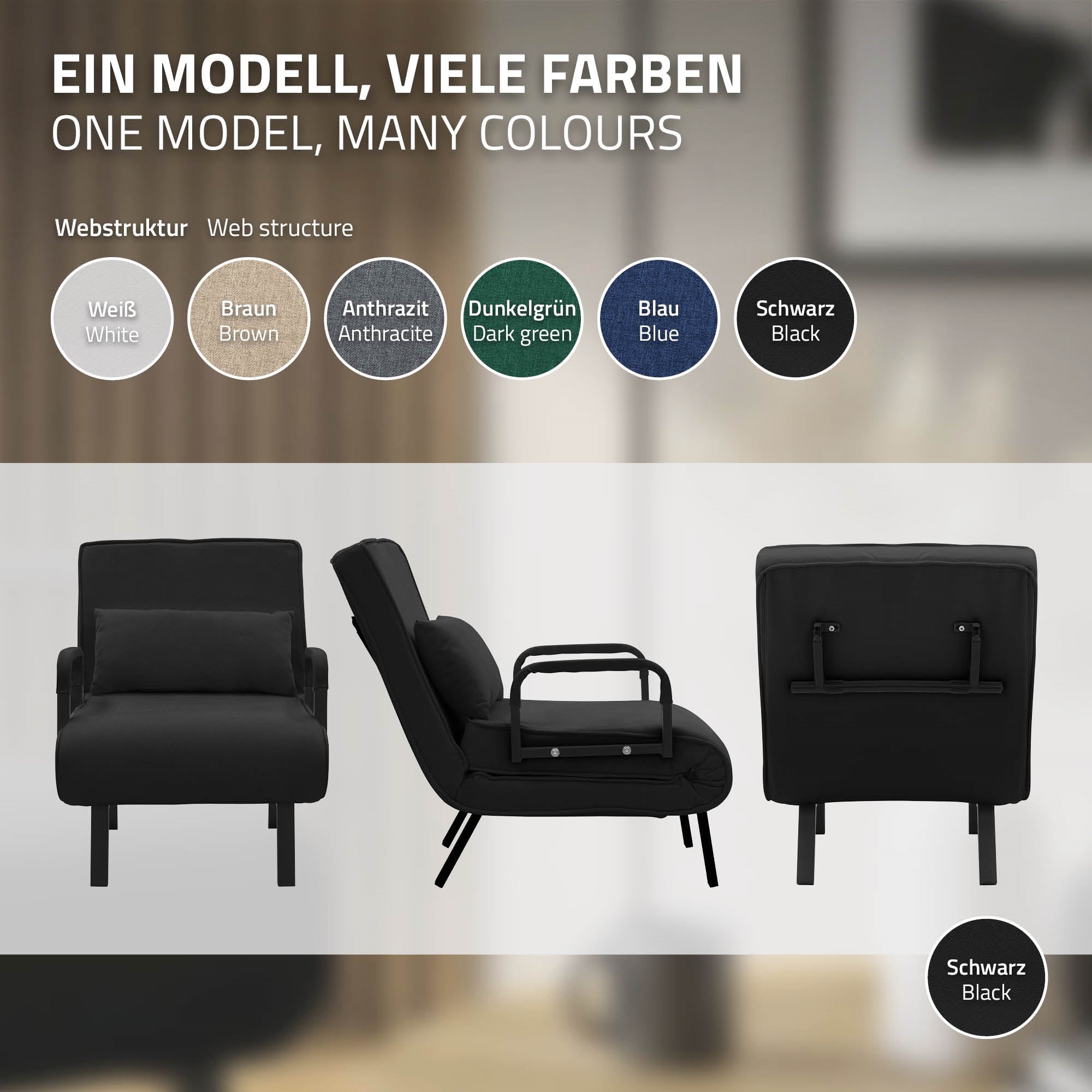 ECD Germany ML-Design fauteuil lit chenille noir 186x60 cm convertible