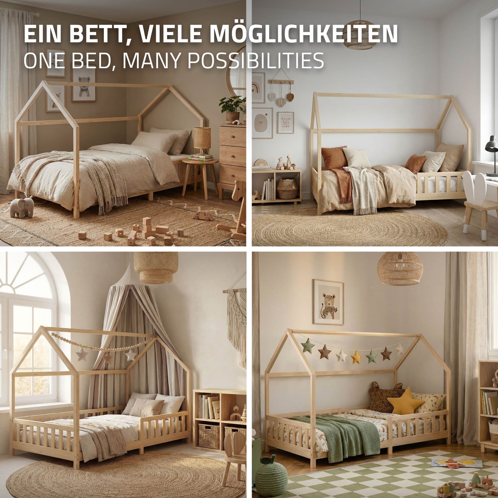 ECD Kinder lit cabane enfant 120x200 pin nature barrière toit