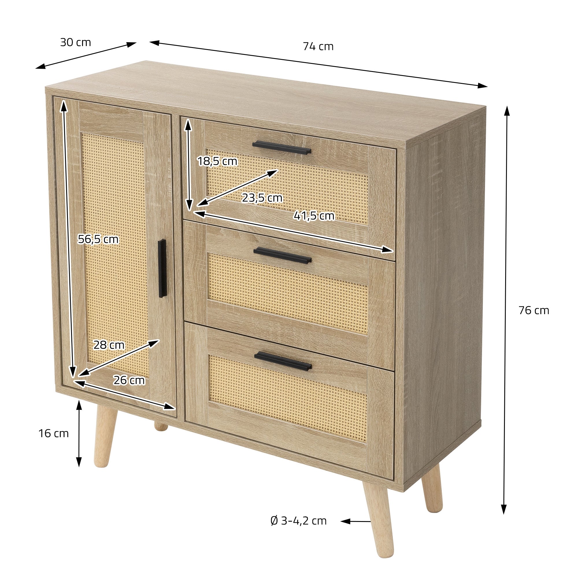 ECD Germany Möbel commode chêne rotin 74x76x30 3 tiroirs
