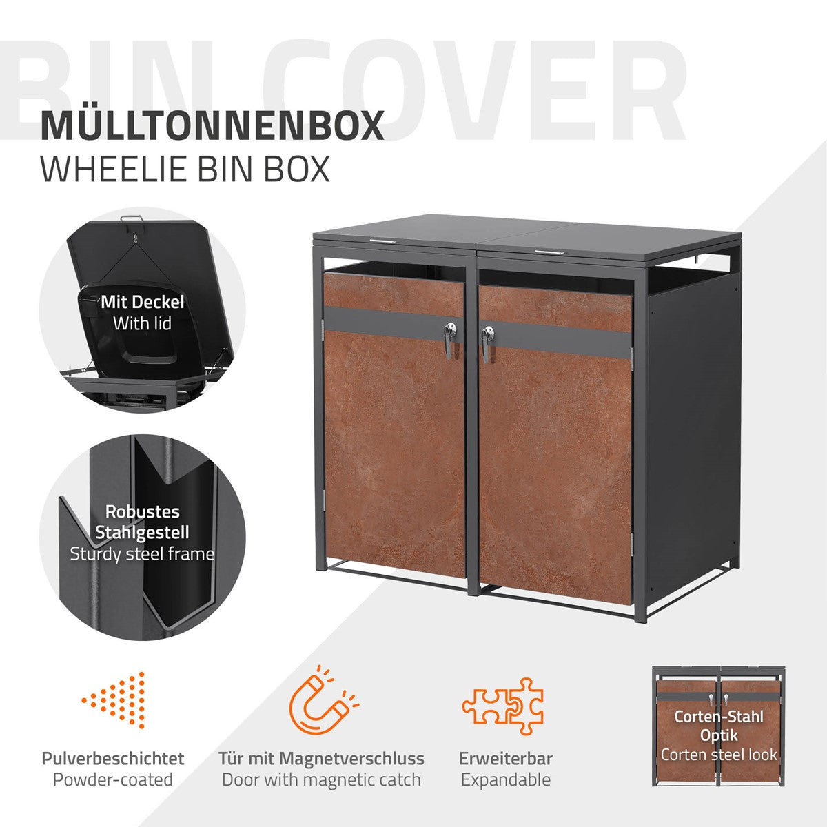 ECD Germany Garten cache-poubelles 2x240L rouille acier