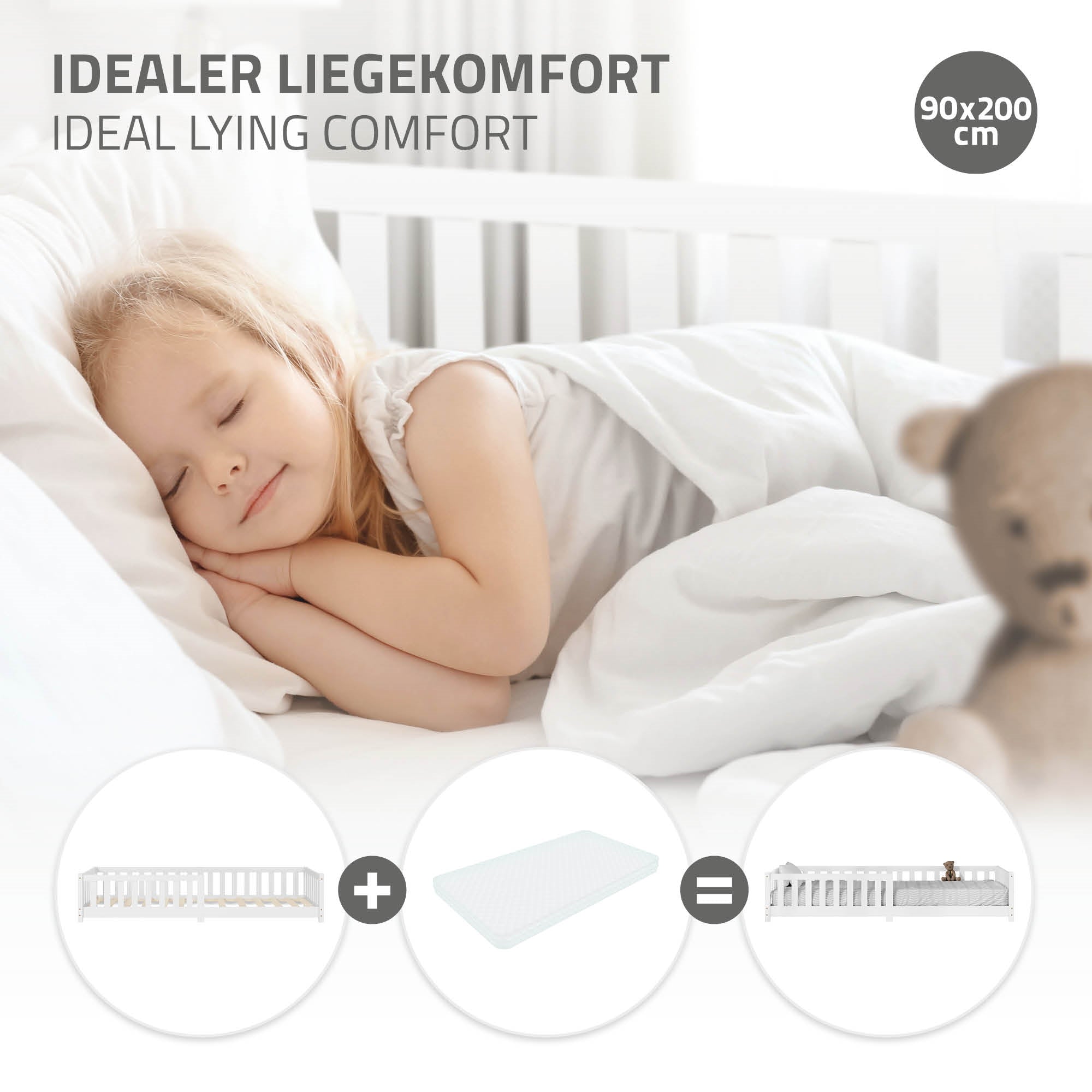 ECD Germany Kinder lit enfant 90x200 blanc barrière pin