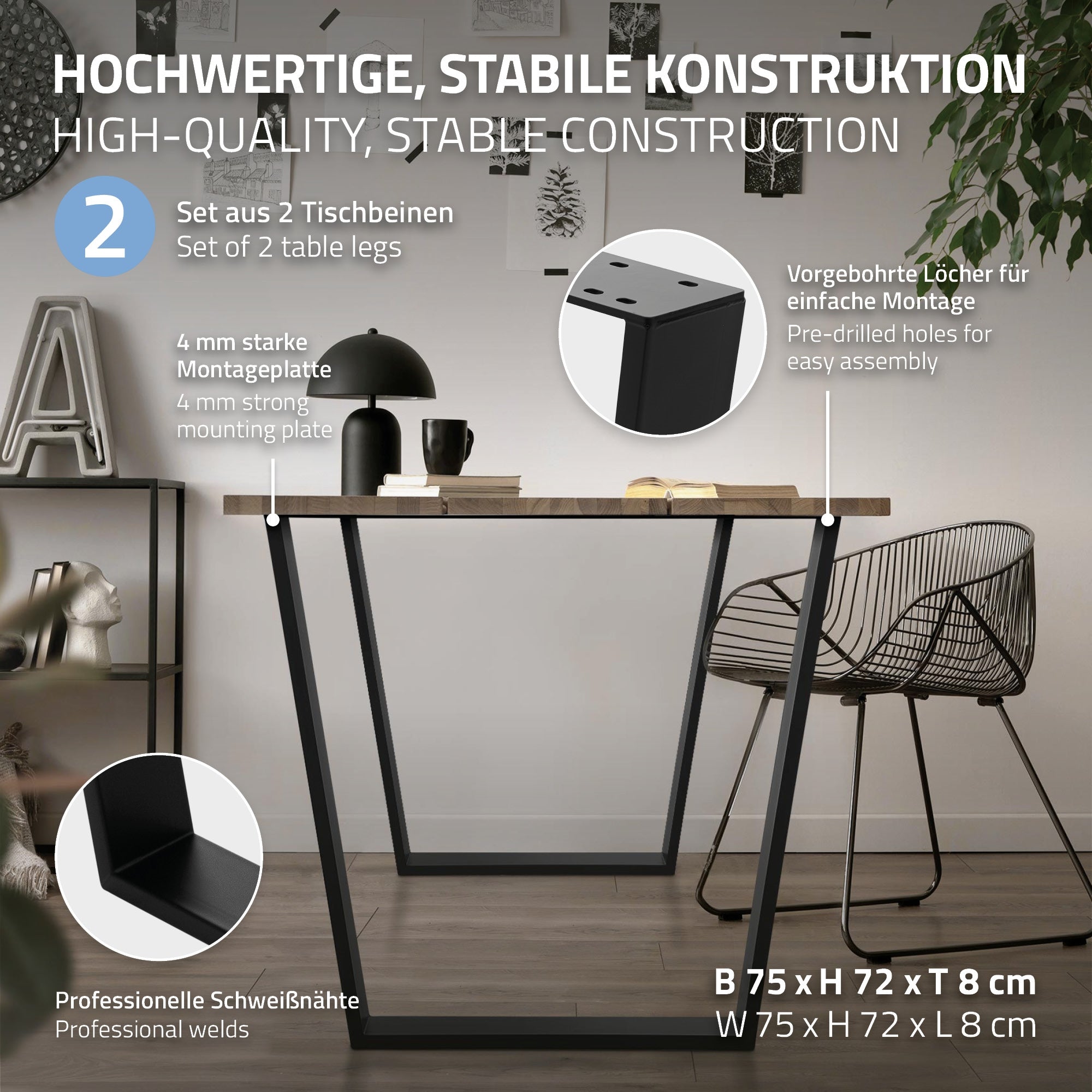 ECD Germany Möbel pieds de table V 75x72 cm noir acier lot 2