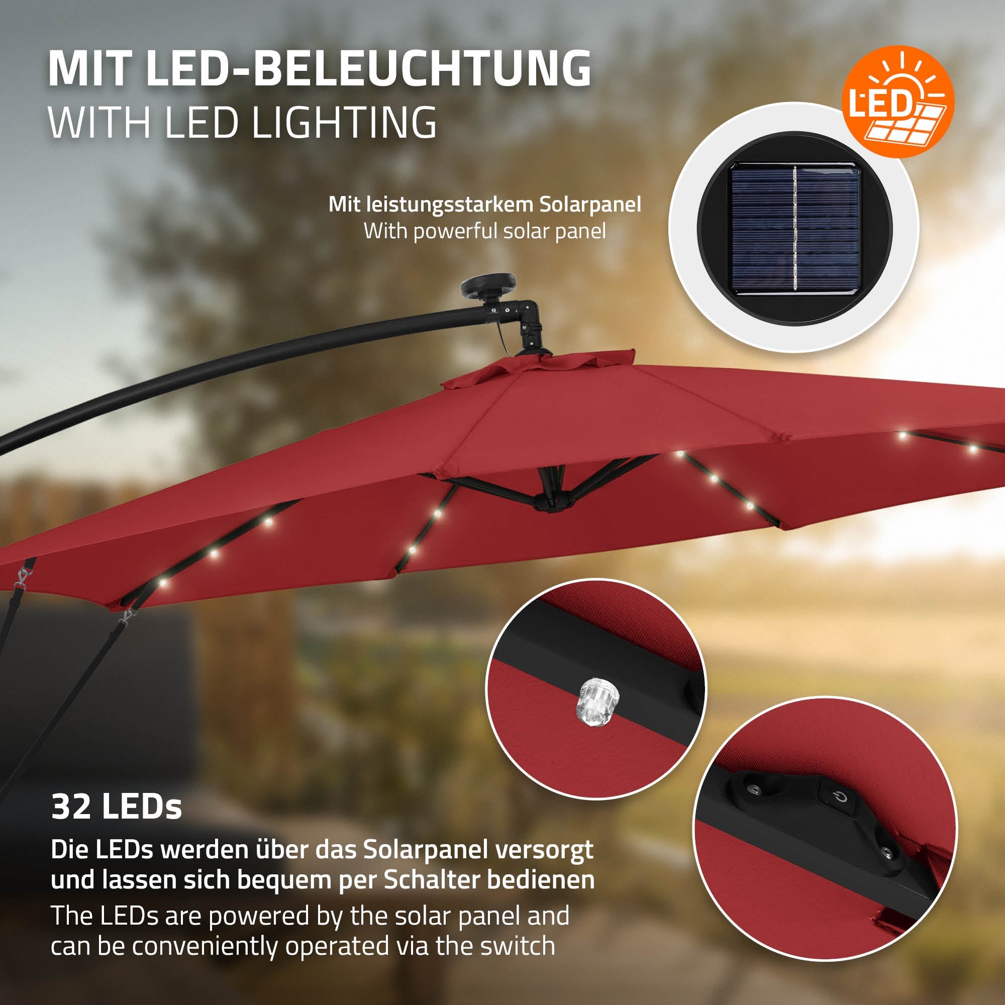 ECD Germany Garten parasol déporté Ø 300 cm rouge LED solaire