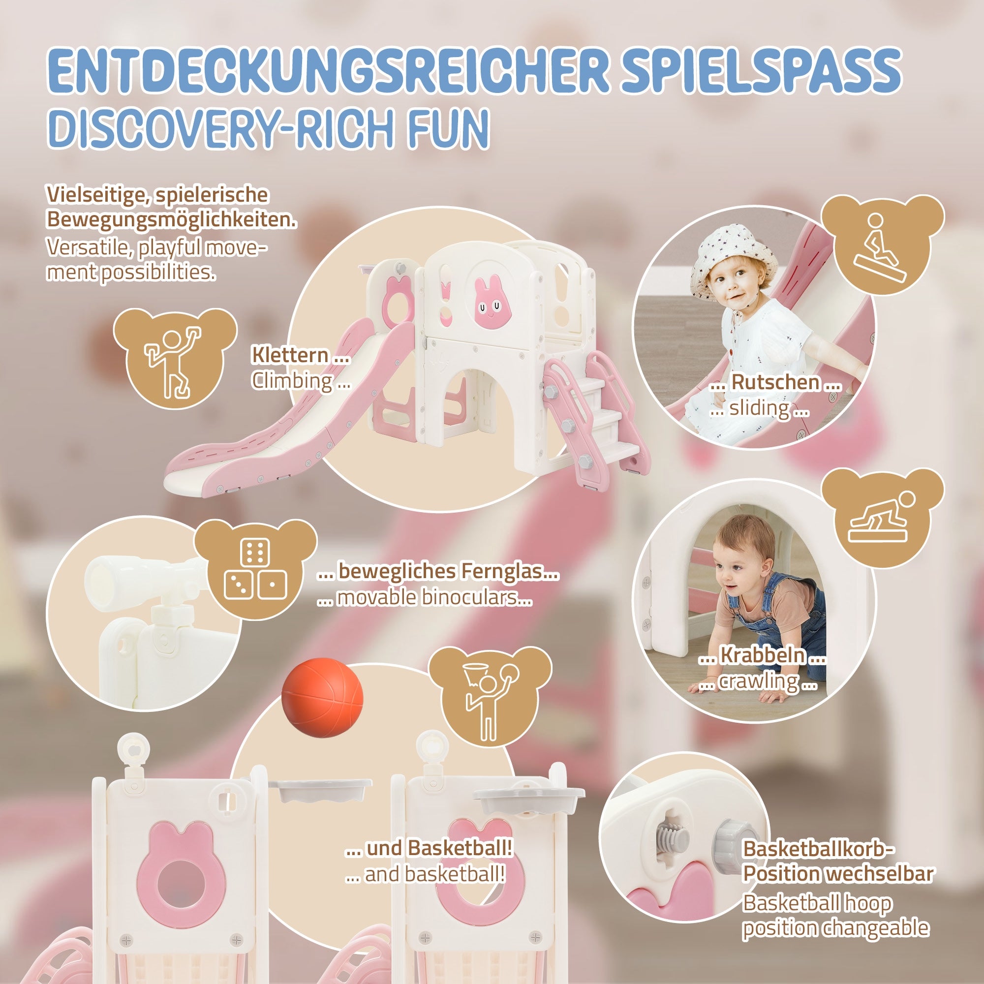 ECD Germany Joyz toboggan enfant rose 5en1 avec tour