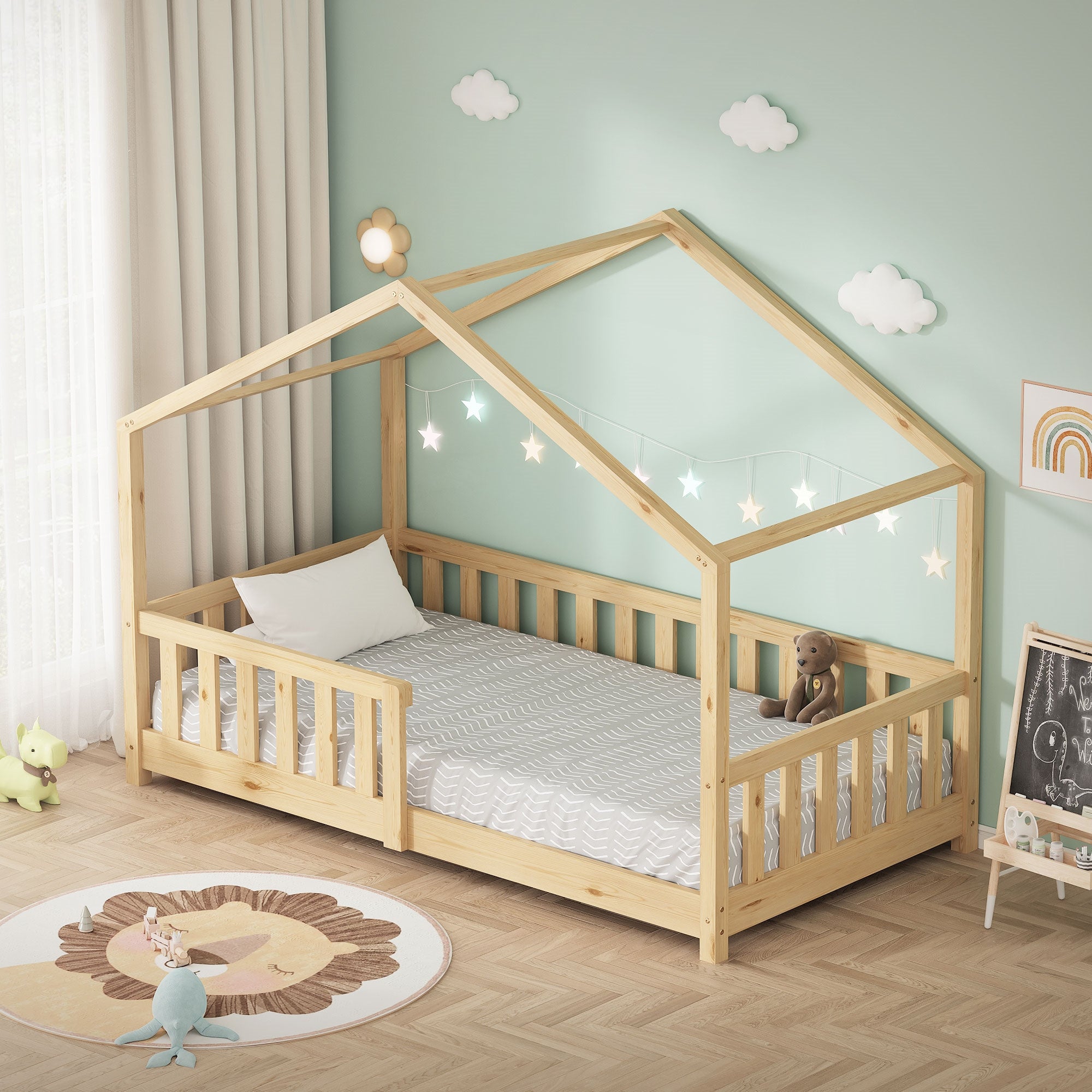 ECD Germany Kinder lit cabane 80x160 nature pin sommier