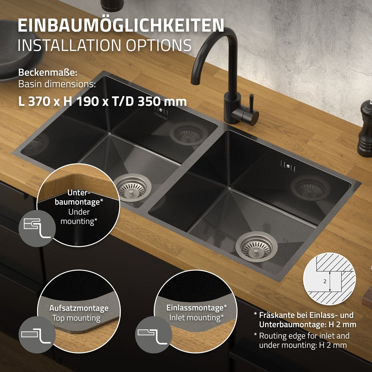 ECD Germany évier cuisine double bac inox anthracite 81,5 cm