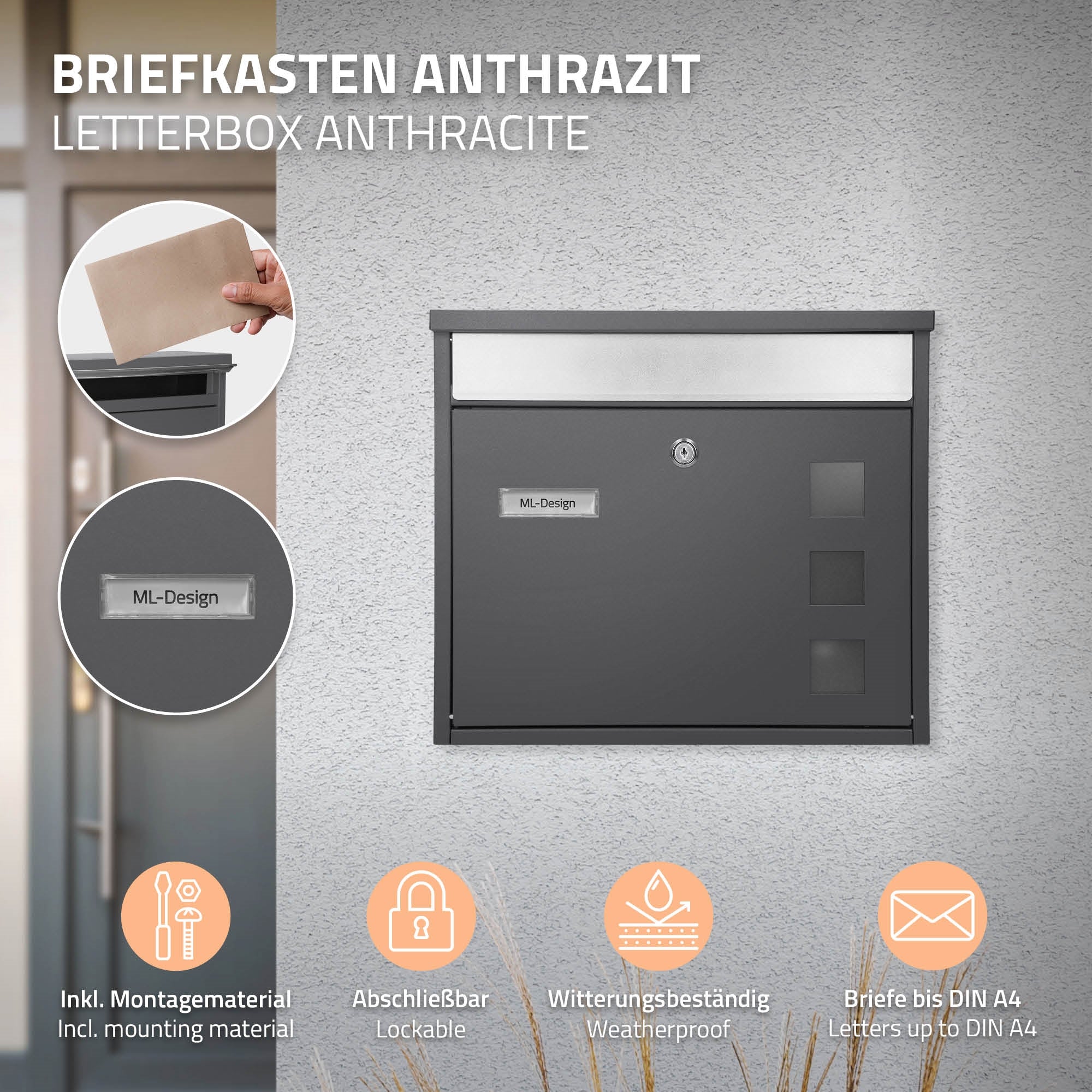 ECD Germany ML-Design boîte aux lettres anthracite 36 cm inox
