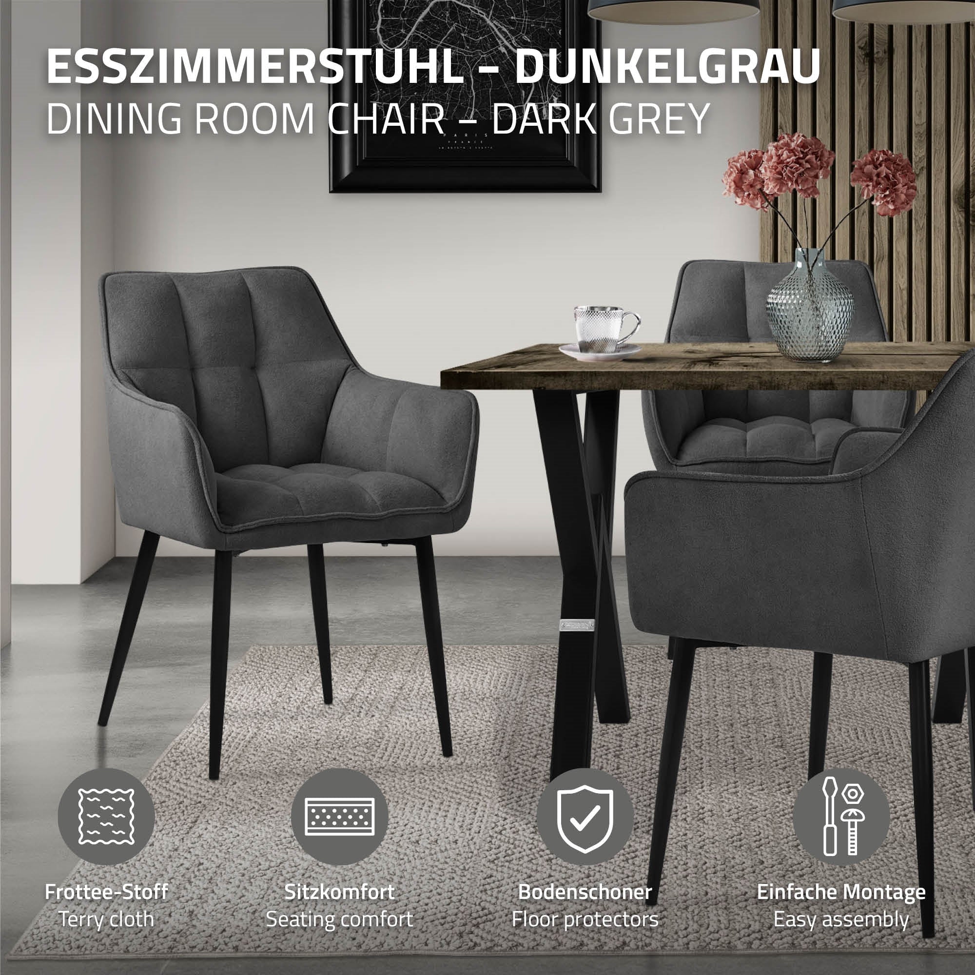 ECD Germany Möbel Chaise salle à manger gris foncé tissu bouclette