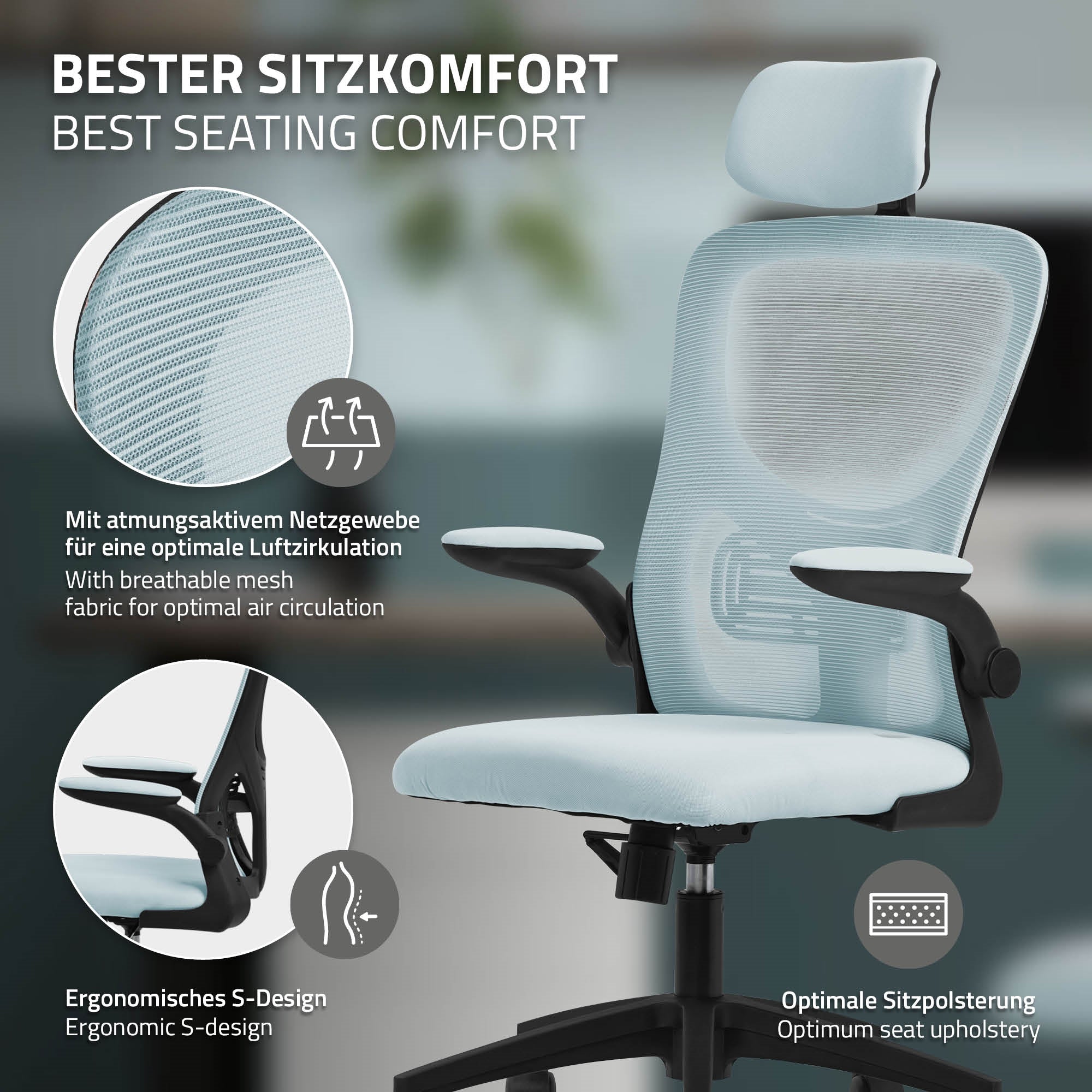 ECD Germany ML-Design chaise de bureau bleu maille appui-tête