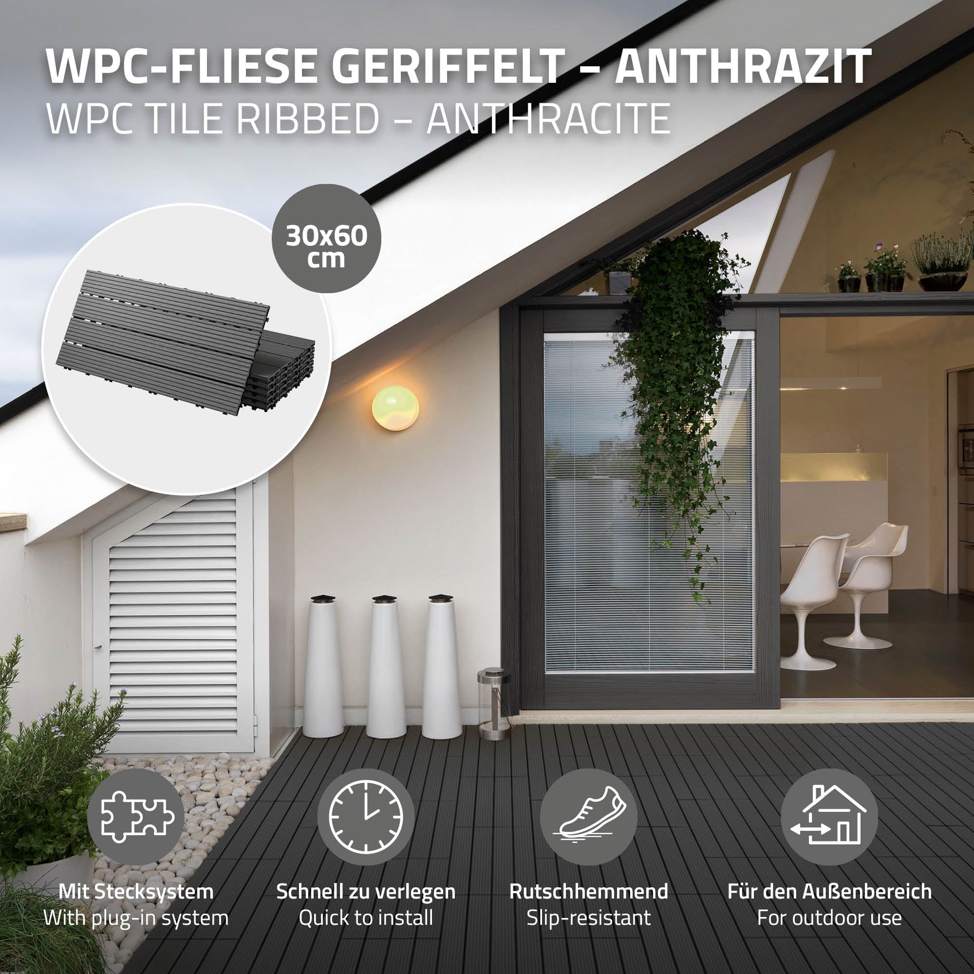 ECD Germany Garten Dalles Terrasse WPC 60x30 Anthracite 12 pcs 2m²