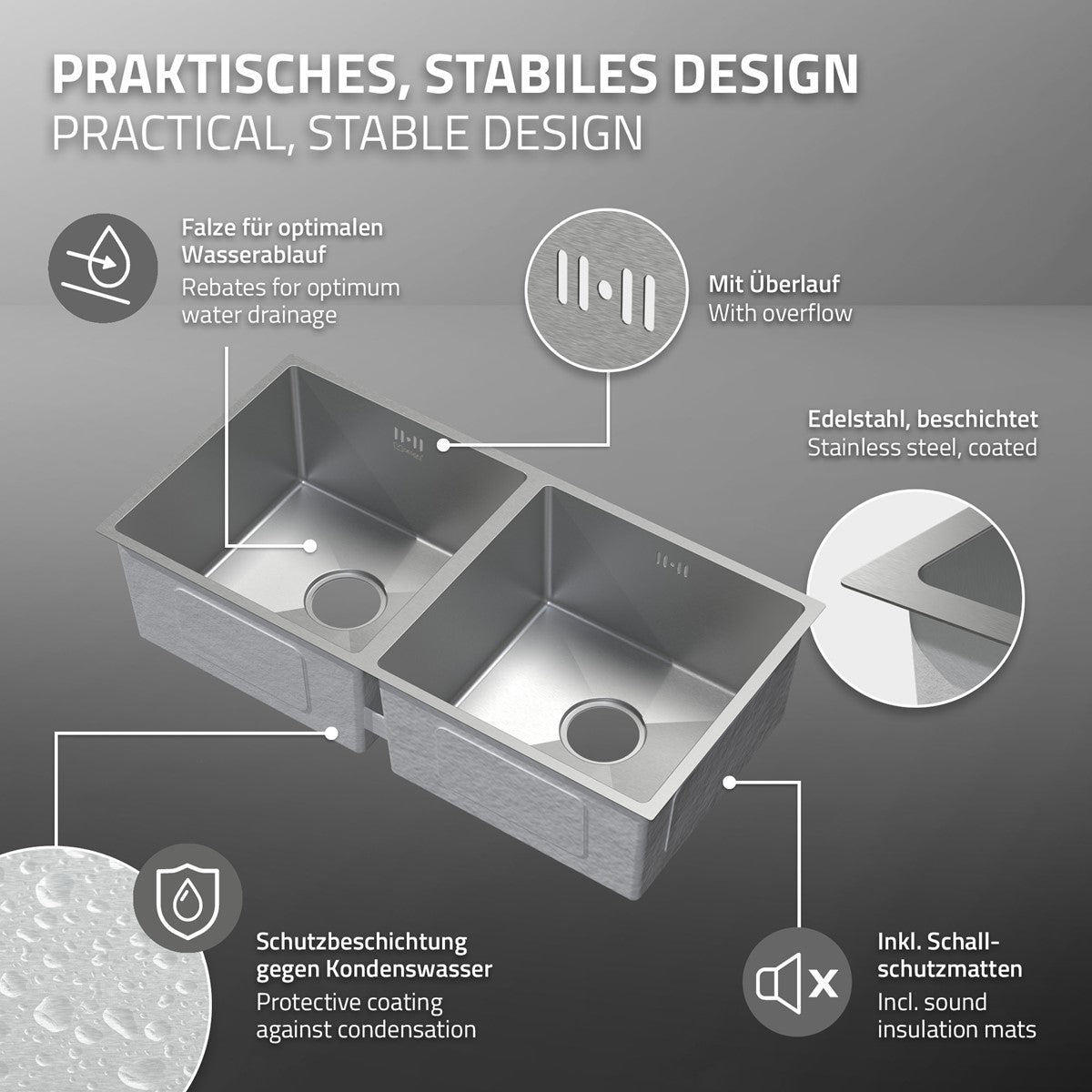 ECD Germany évier cuisine inox 81,5x40 double bac argent