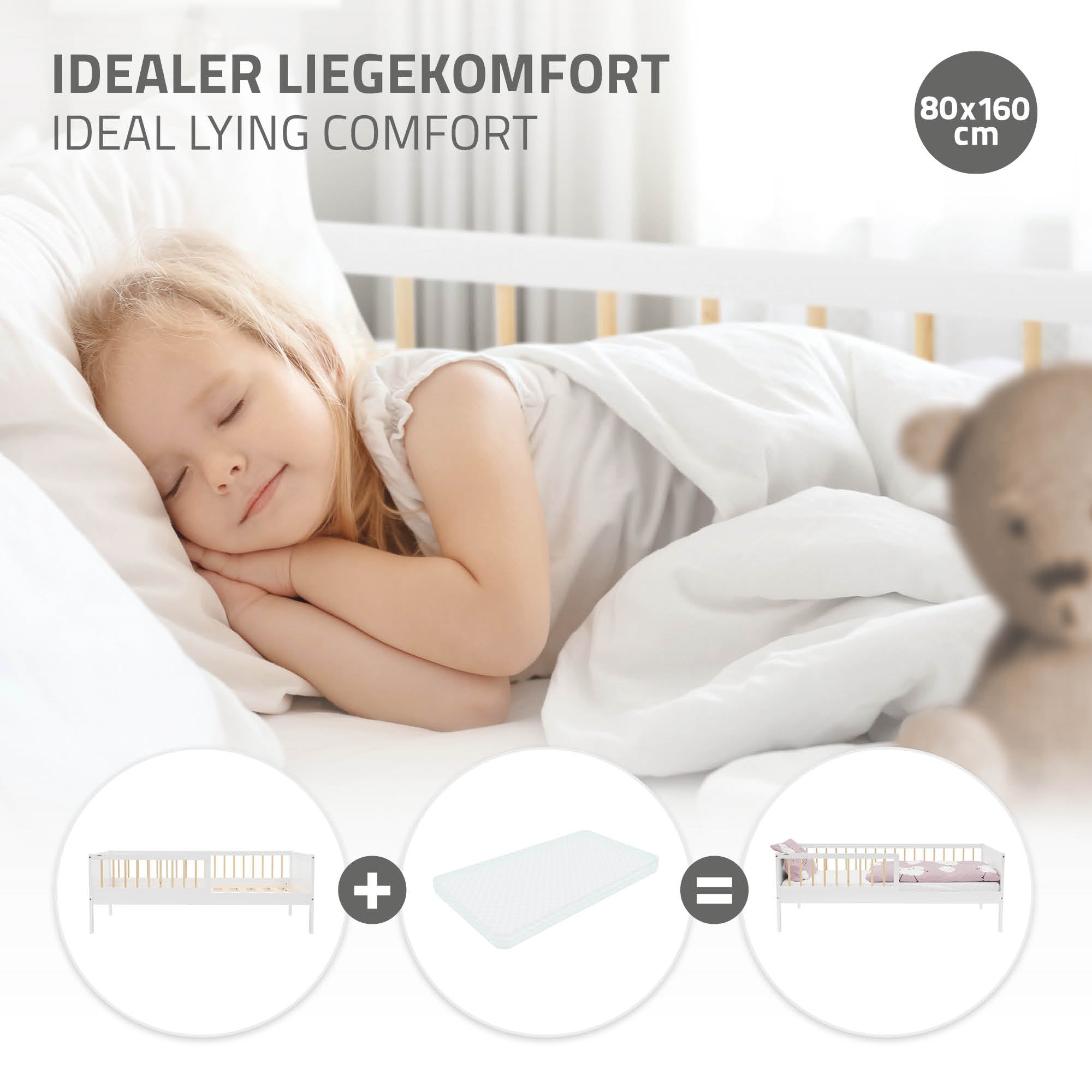 ECD Germany Kinder lit enfant 80x160 pin blanc sommier barrière