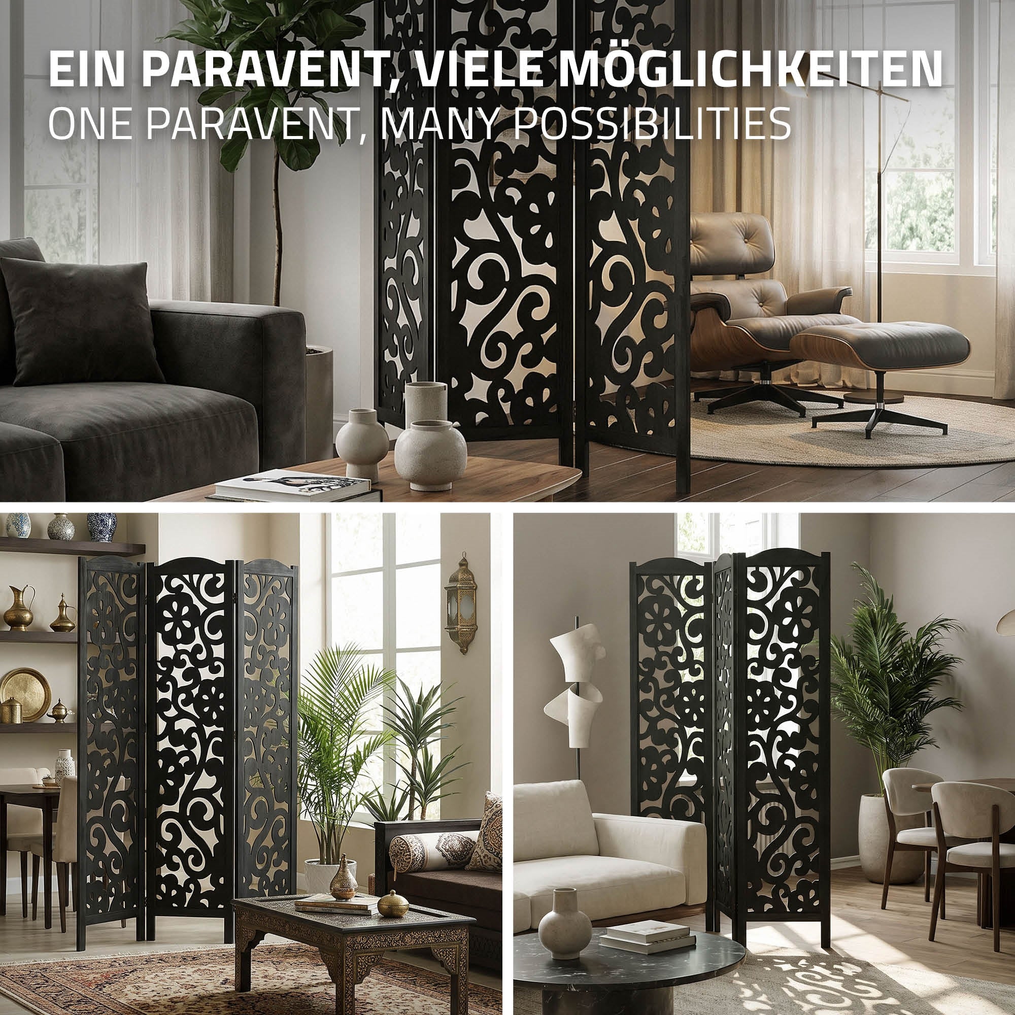 ECD Germany Möbel paravent Yokohama 3 panneaux noir 172x121 cm