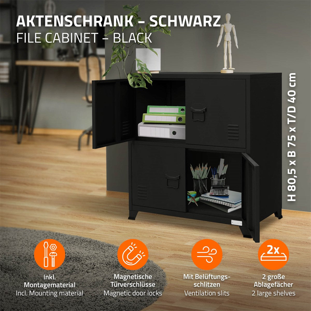 ECD Germany ML-Design armoire bureau acier noir 75x40 cm