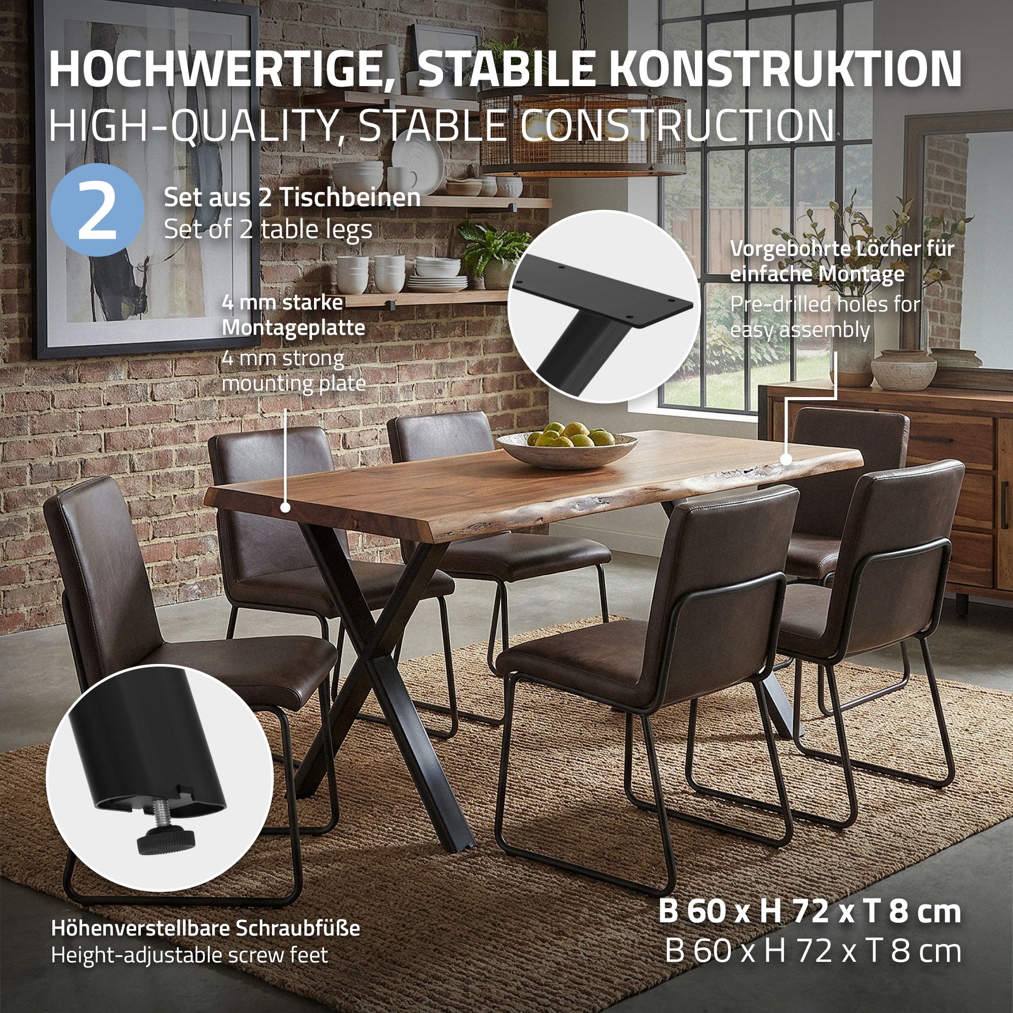 ML-Design X-Form pieds de table 60x72 cm noirs acier