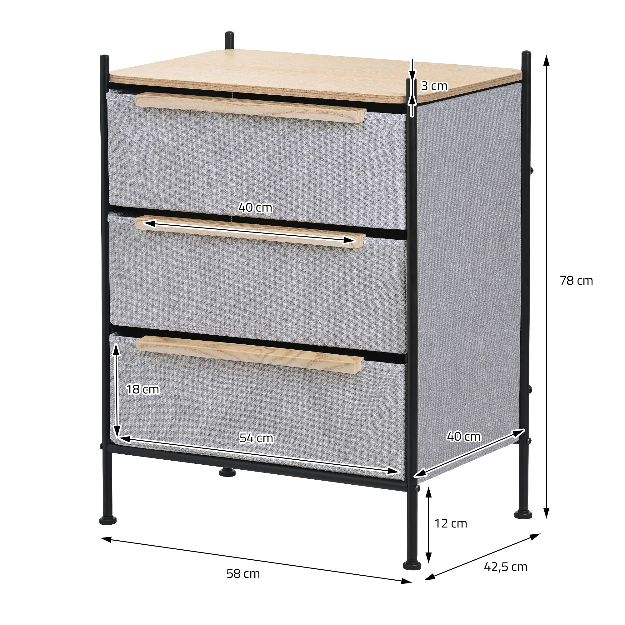 ML-Design commode 58x78 cm chêne 3 tiroirs tissu