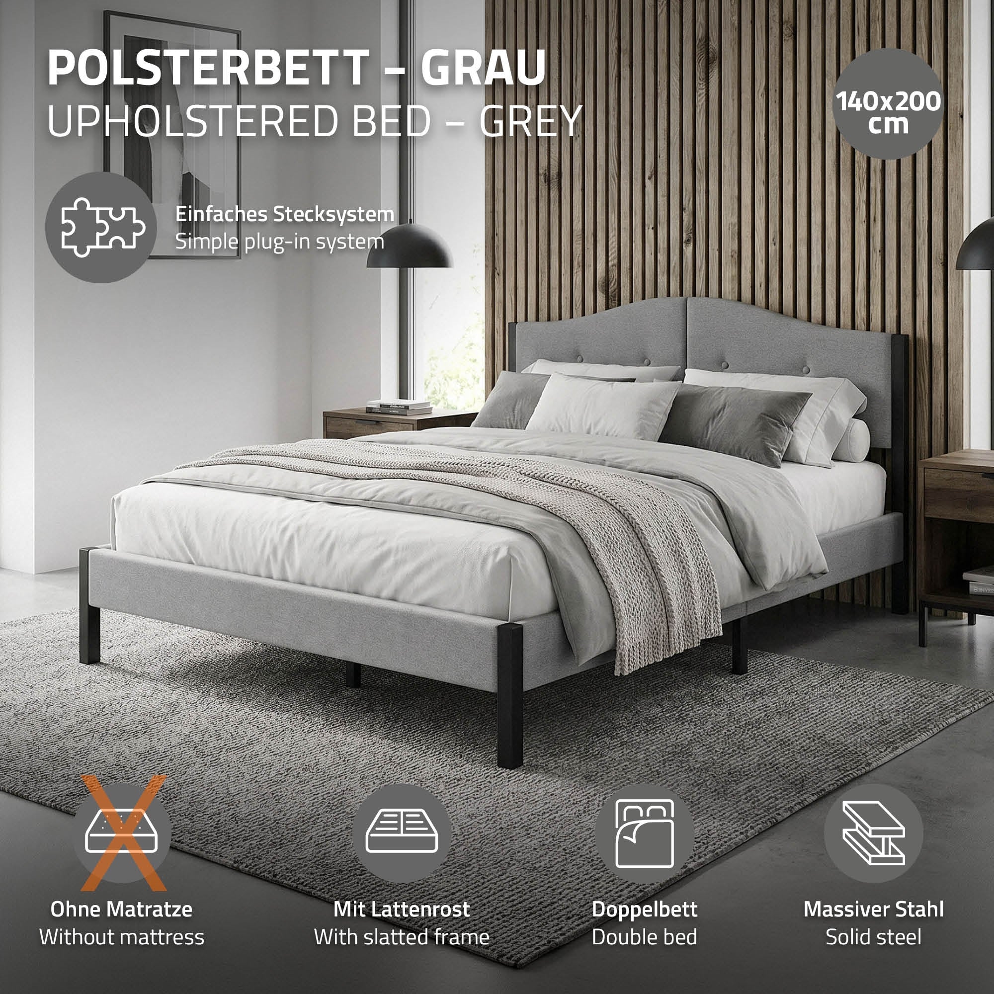 ECD Germany Möbel lit capitonné 140x200 cm gris sans matelas