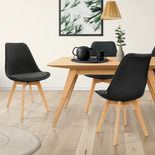 ECD Germany ML-Design lot 4 chaise salle à manger noir lin pieds bois