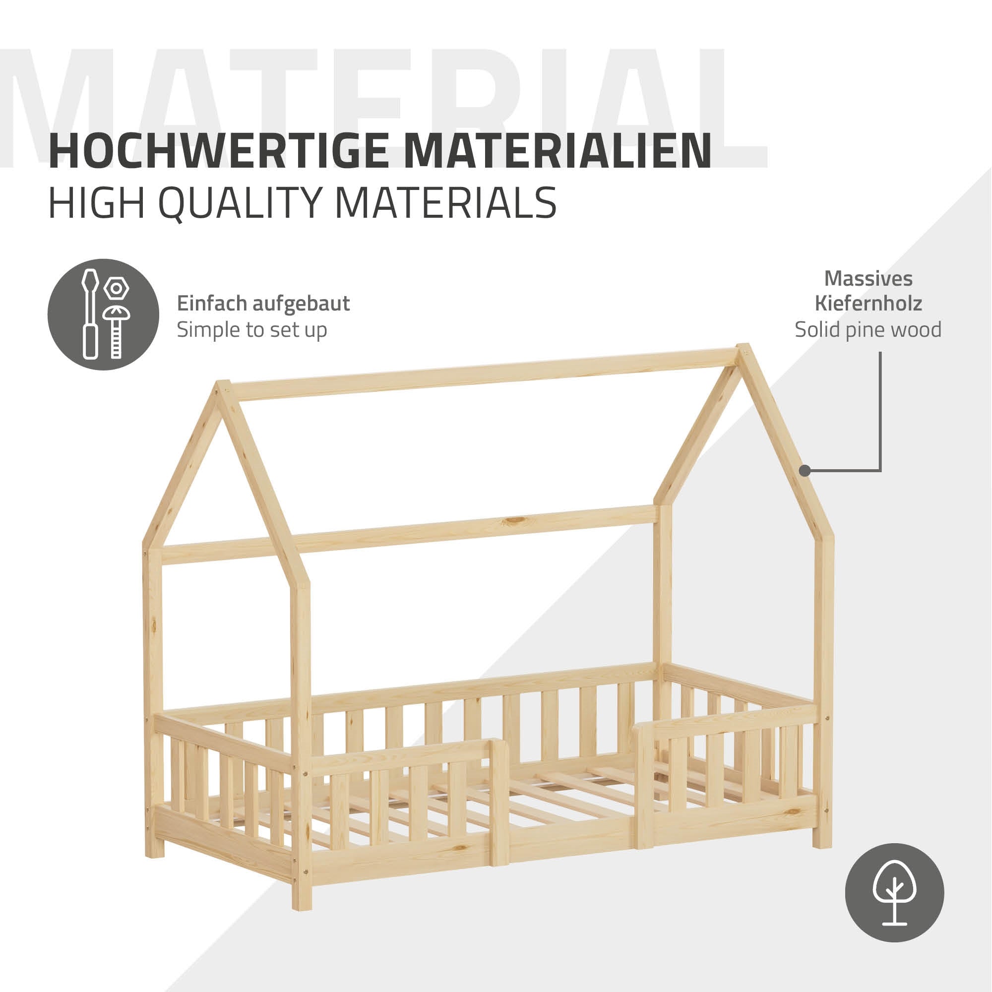 ECD Germany lit cabane enfant 80x160 pin naturel avec matelas