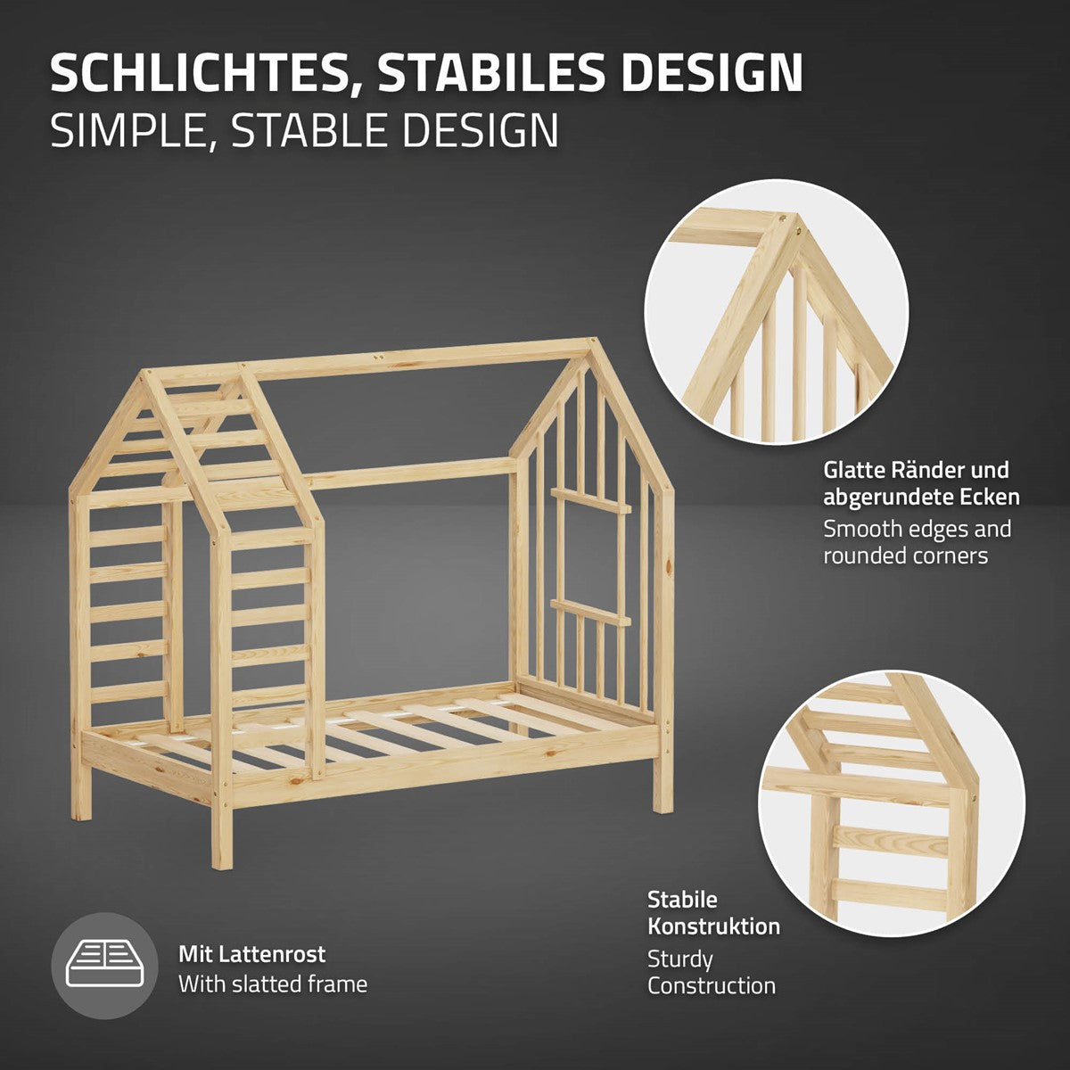 ECD Germany Kinder lit cabane 70x140 cm pin naturel avec sommier