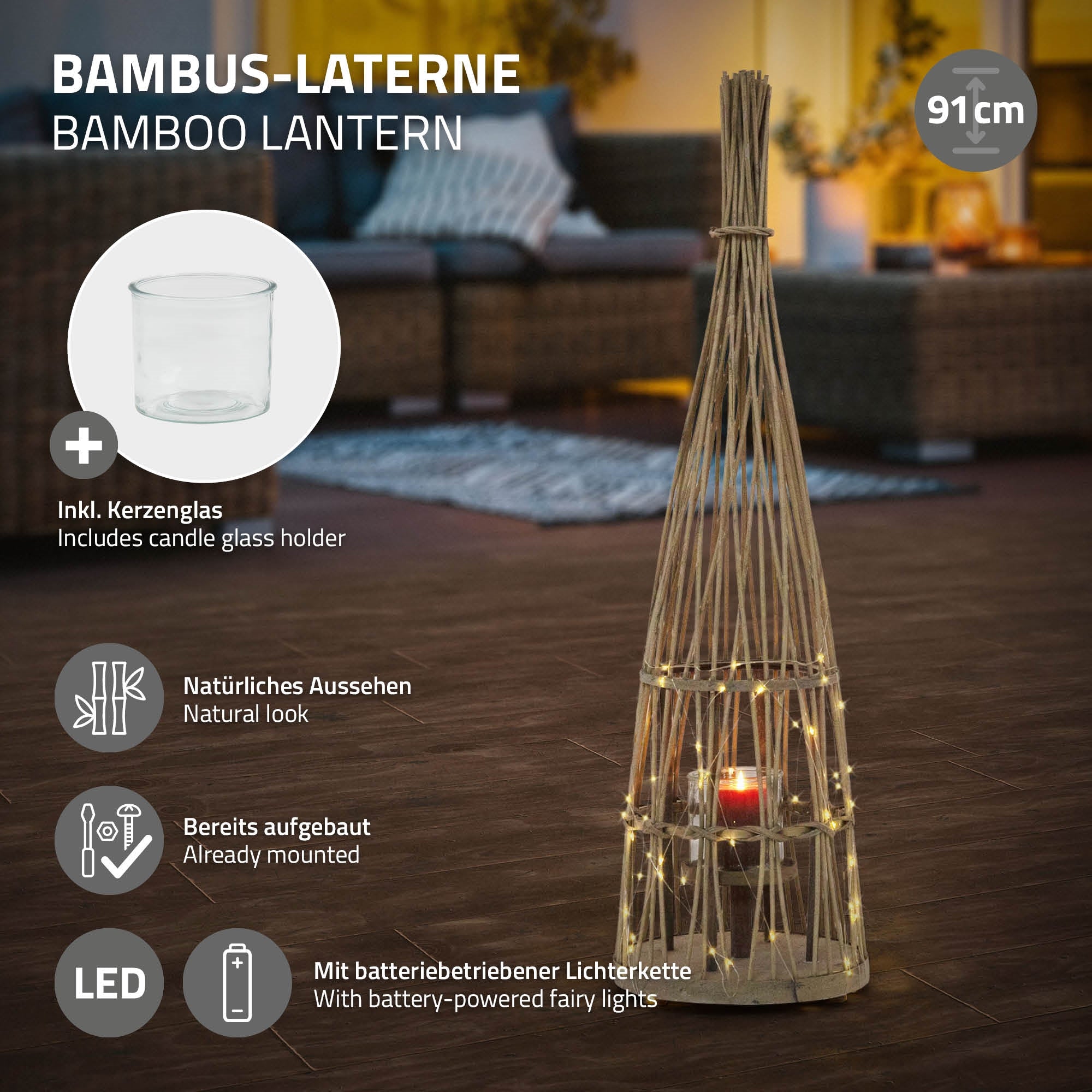 ECD Germany Garten lanterne bambou 91 cm bois avec LED