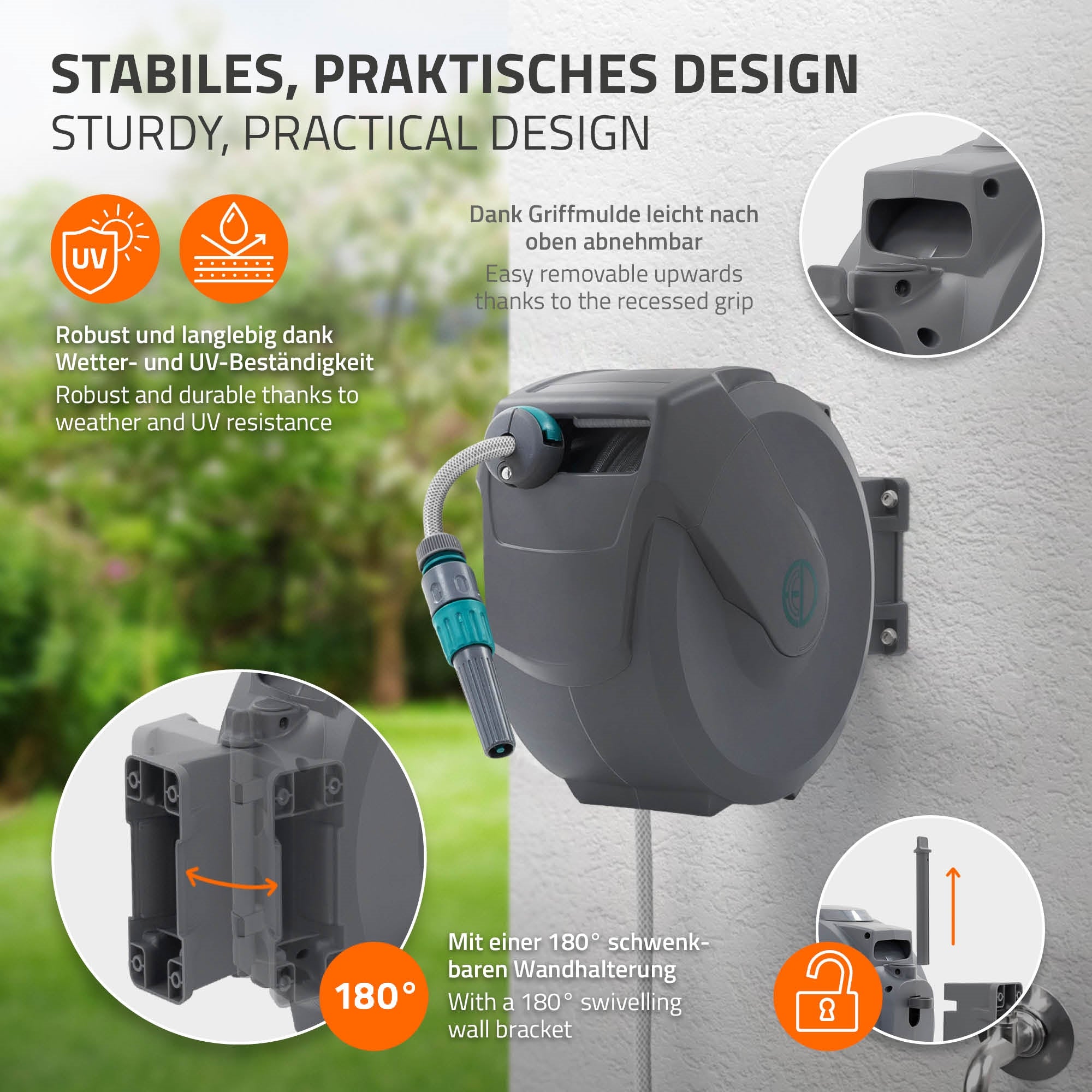 ECD Germany Garten enrouleur tuyau 15 m mural auto 7 jets