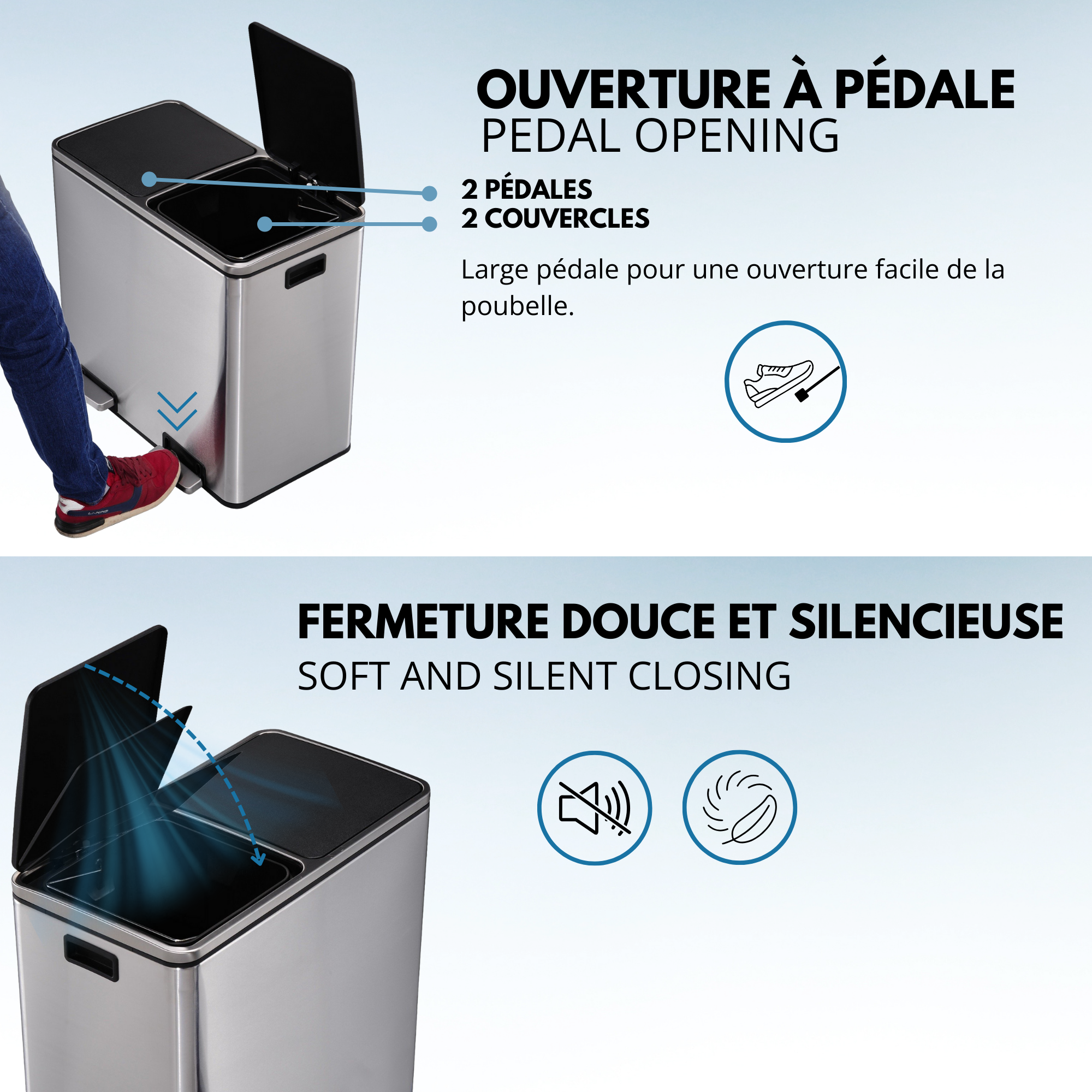Red Deco Major poubelle cuisine 60L 2x30L inox à pédale