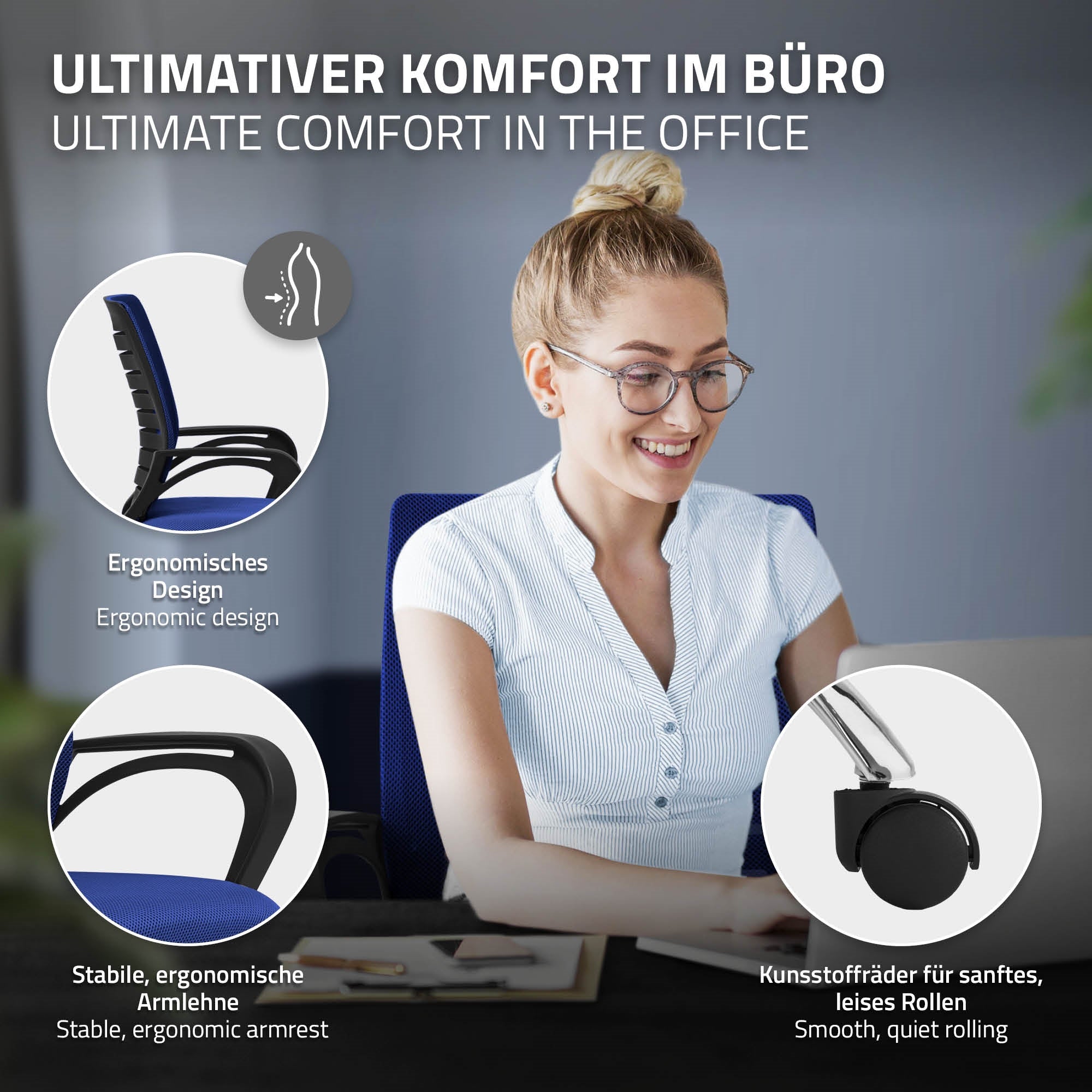 ML-Design chaise bureau ergonomique filet bleu à roulettes accoudoirs