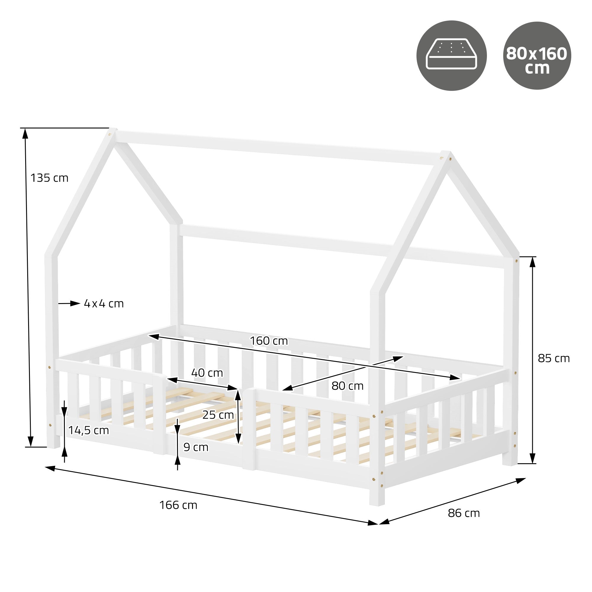 ECD Germany lit cabane enfant 80x160 blanc pin + sommier