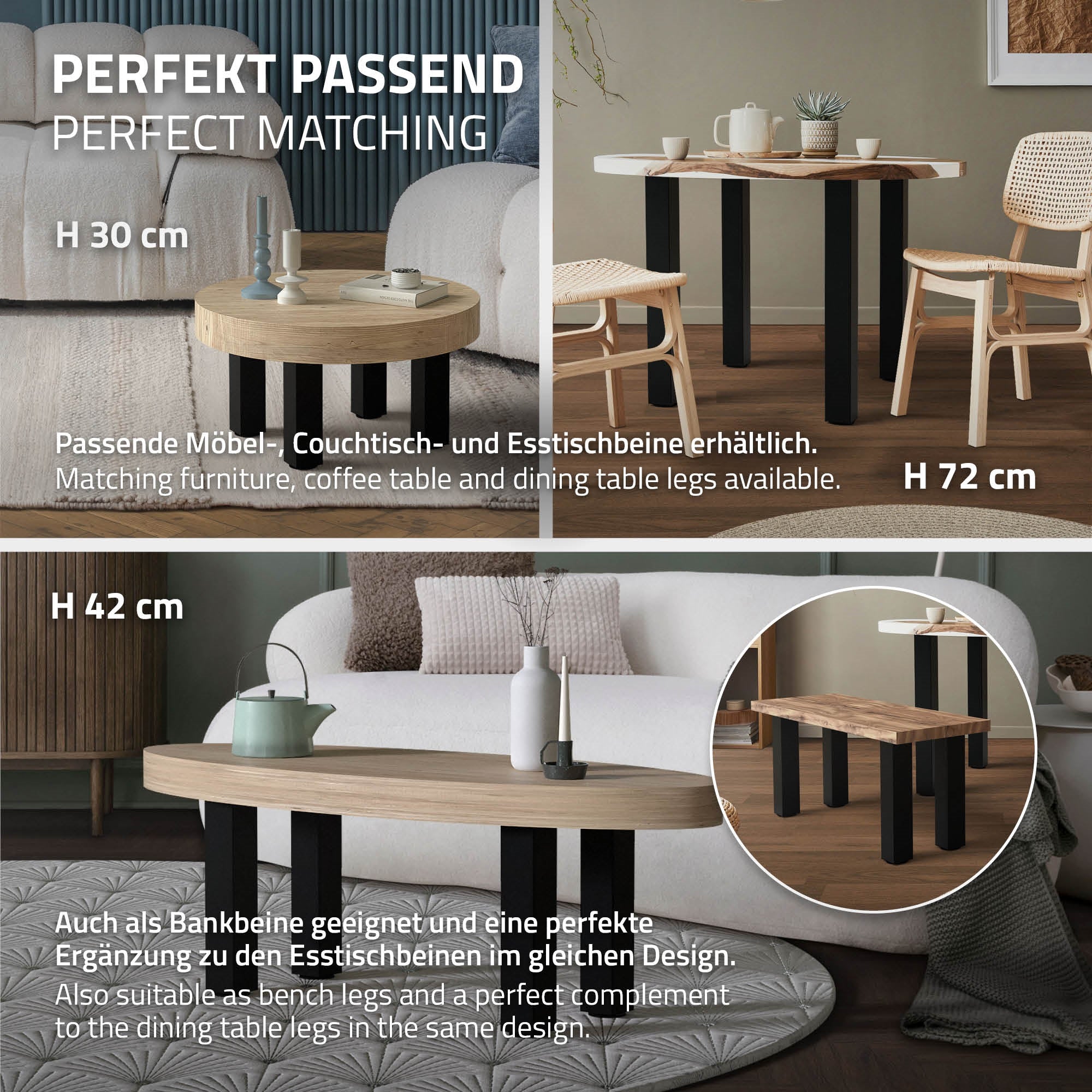 ECD Germany Möbel lot 4 pieds de table 90 cm noir brillant