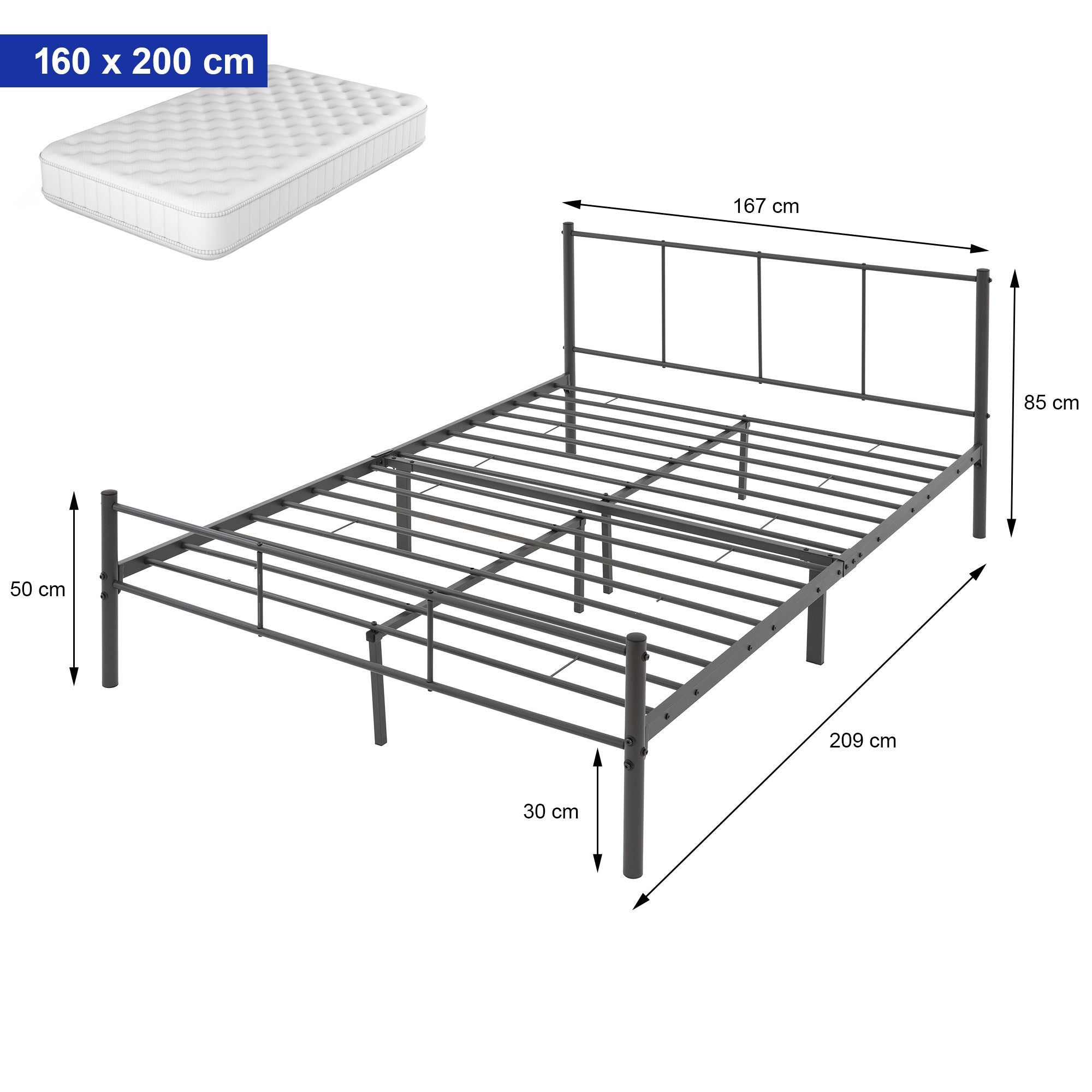 ECD Germany Möbel Lit Double Métal 160x200 Anthracite avec Sommier
