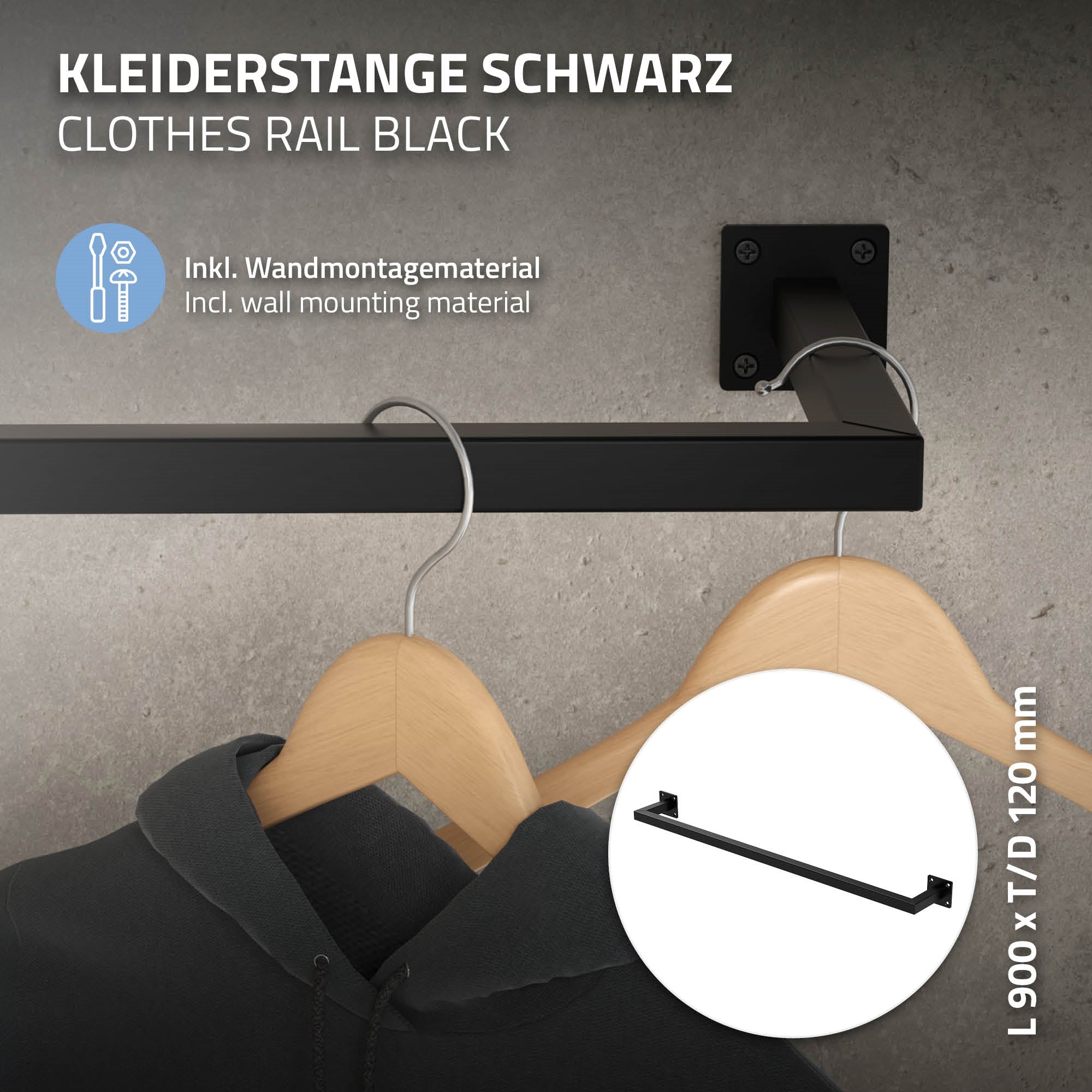 ECD Germany Möbel ML-Design tringle penderie murale noire 90cm lot 2