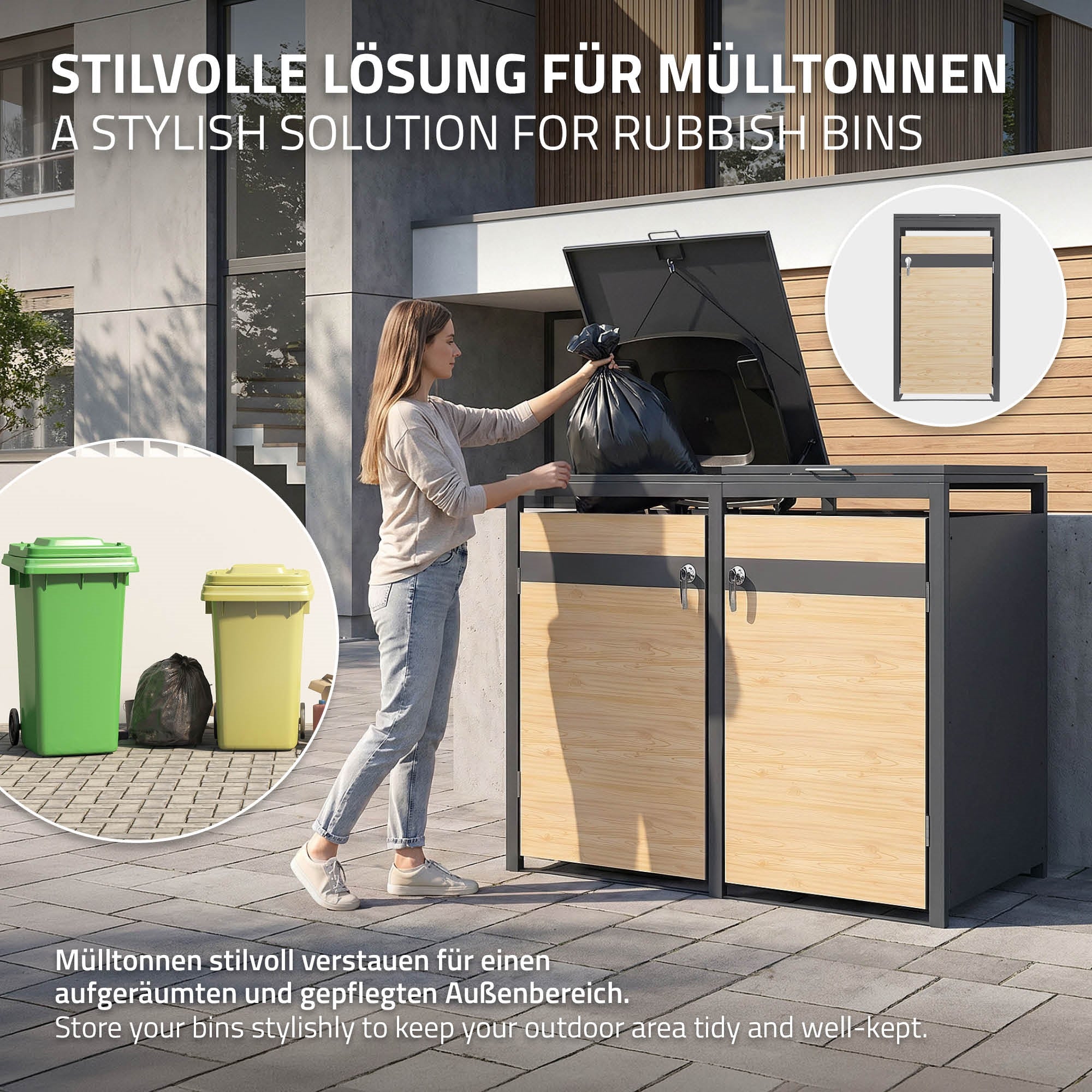 ECD Germany Garten cache-poubelles 3x240L Lärche 200cm acier