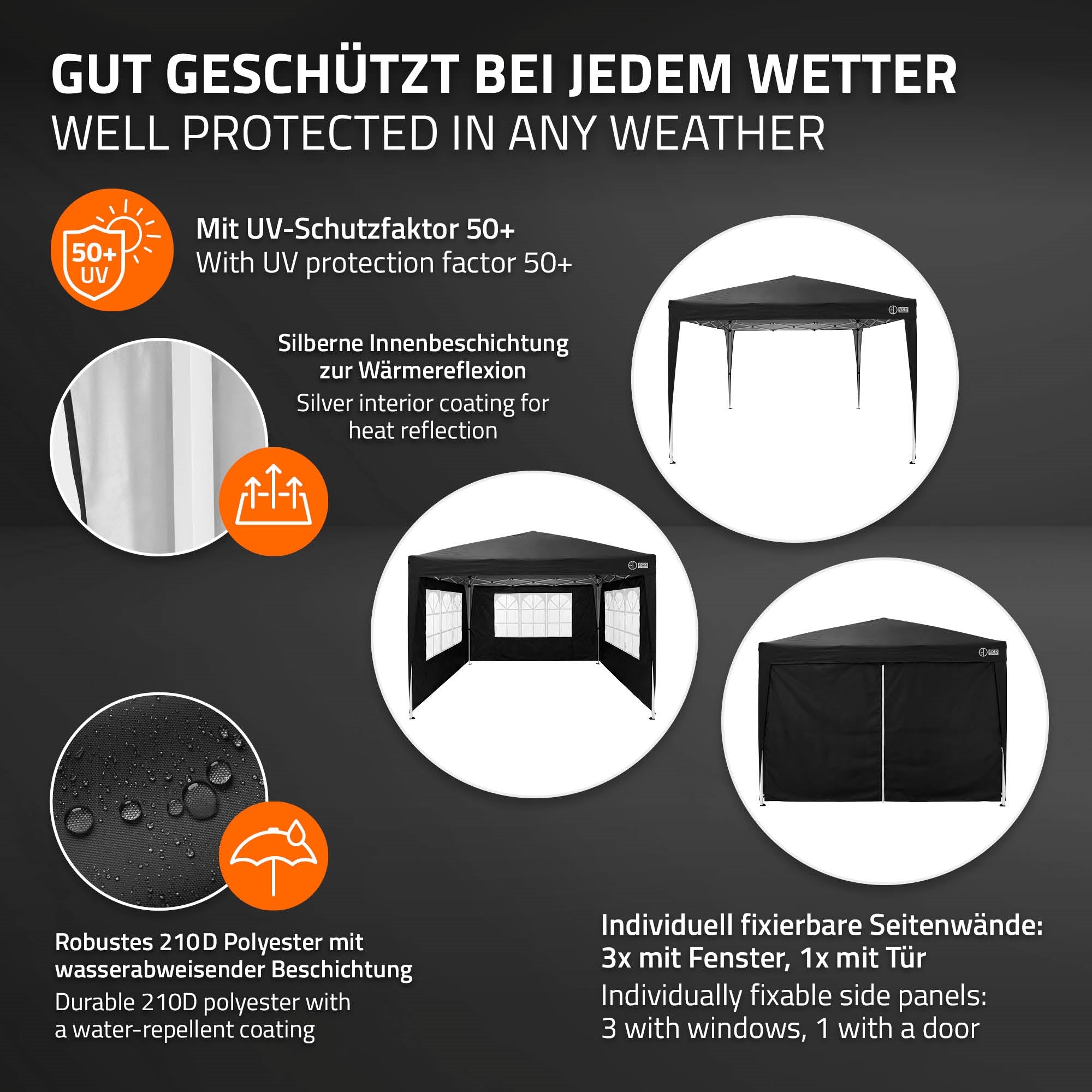 ECD Germany Garten tonnelle pliante 3x3 m noire 4 parois