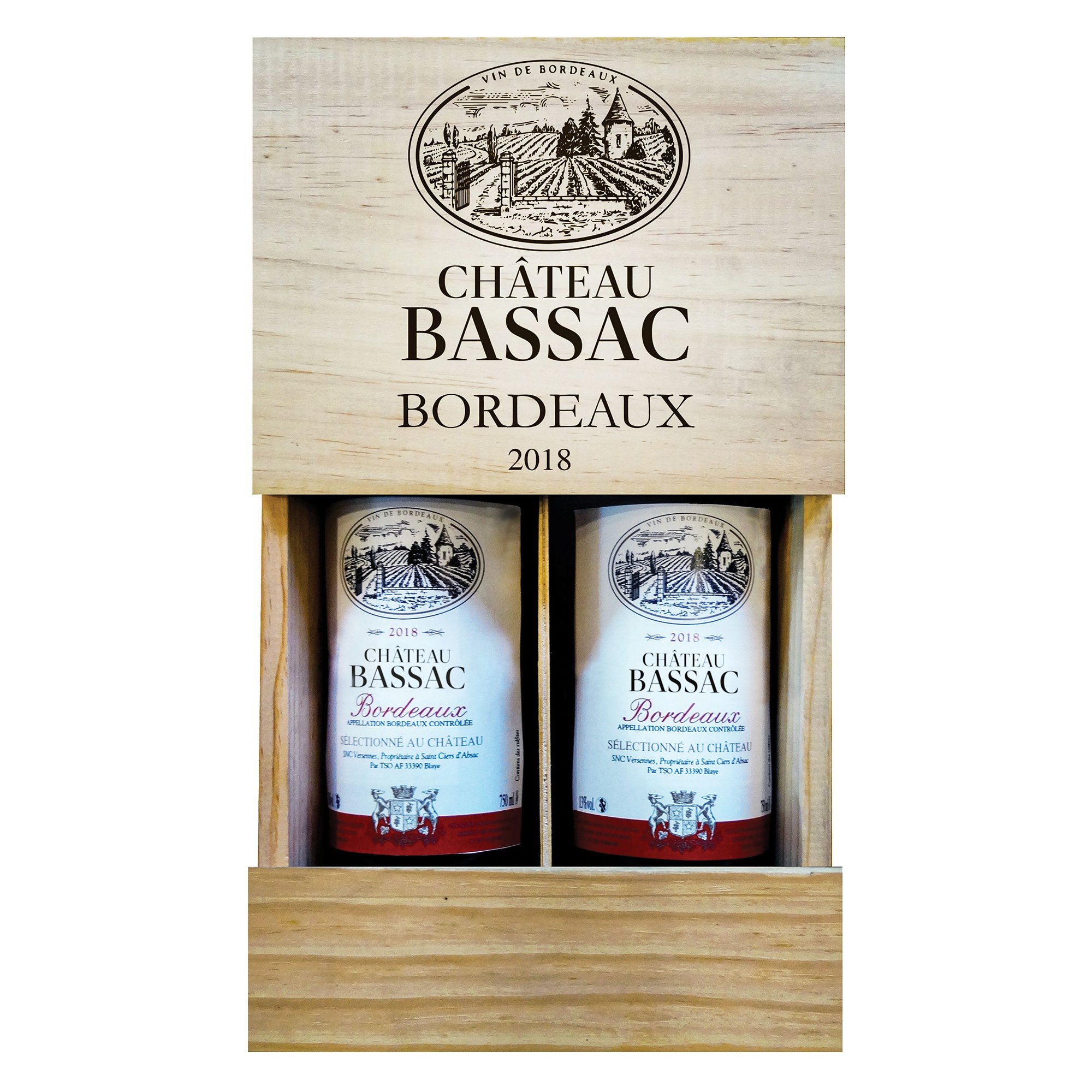 Château Bassac Bordeaux coffret bois 2 bouteilles rouge