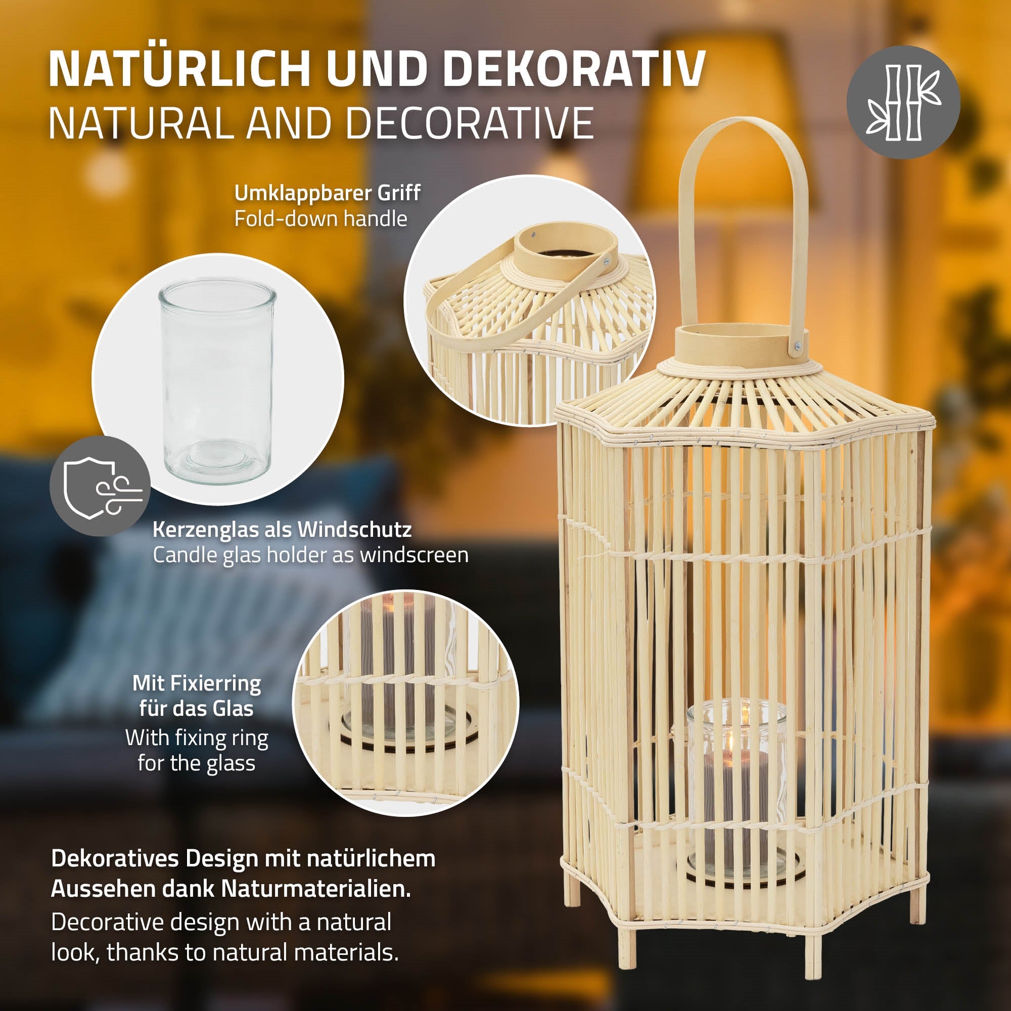 ECD Germany Garten Lanterne Bambou 75 cm Bois