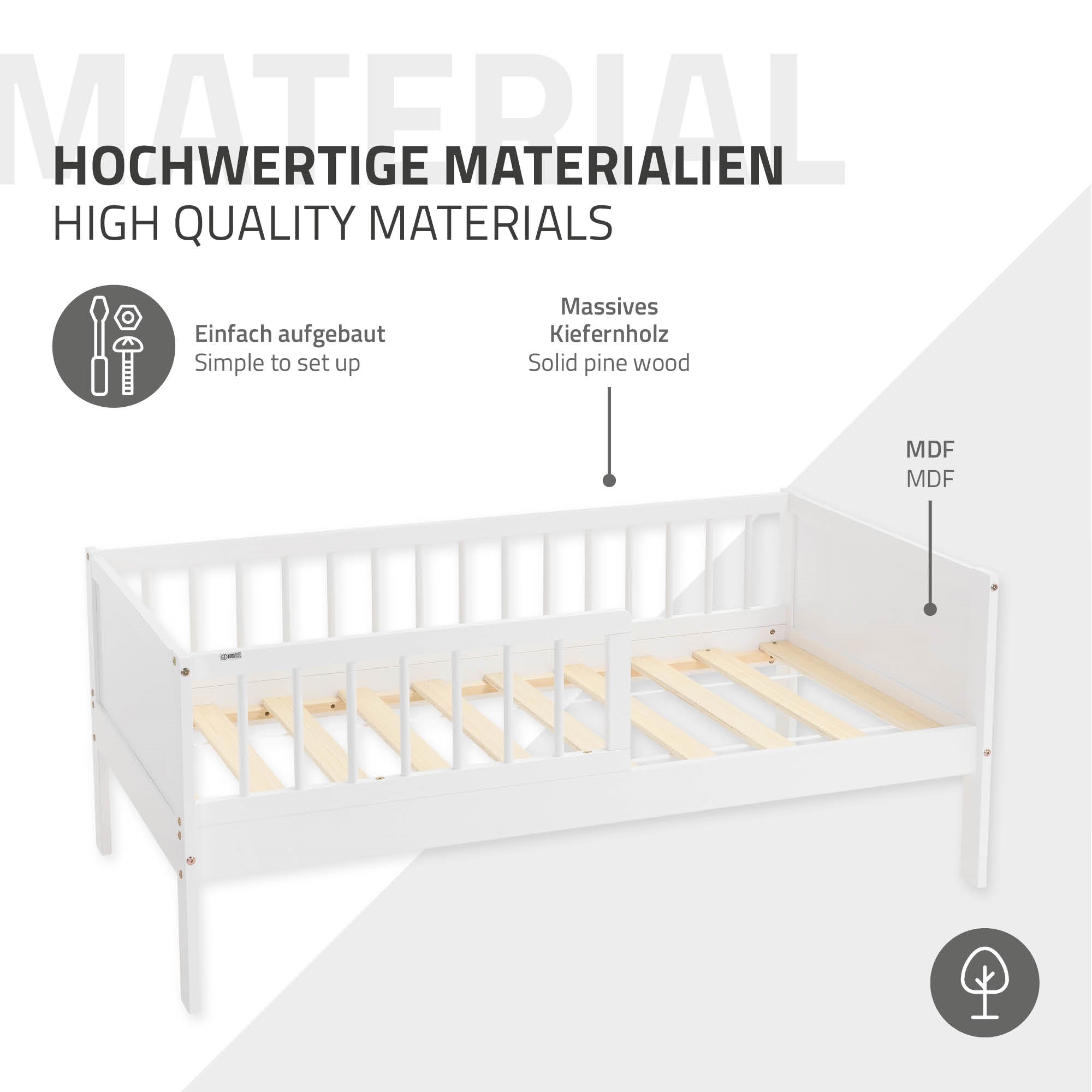 ML-Design Lit enfant 70x140 blanc pin + matelas + barrière