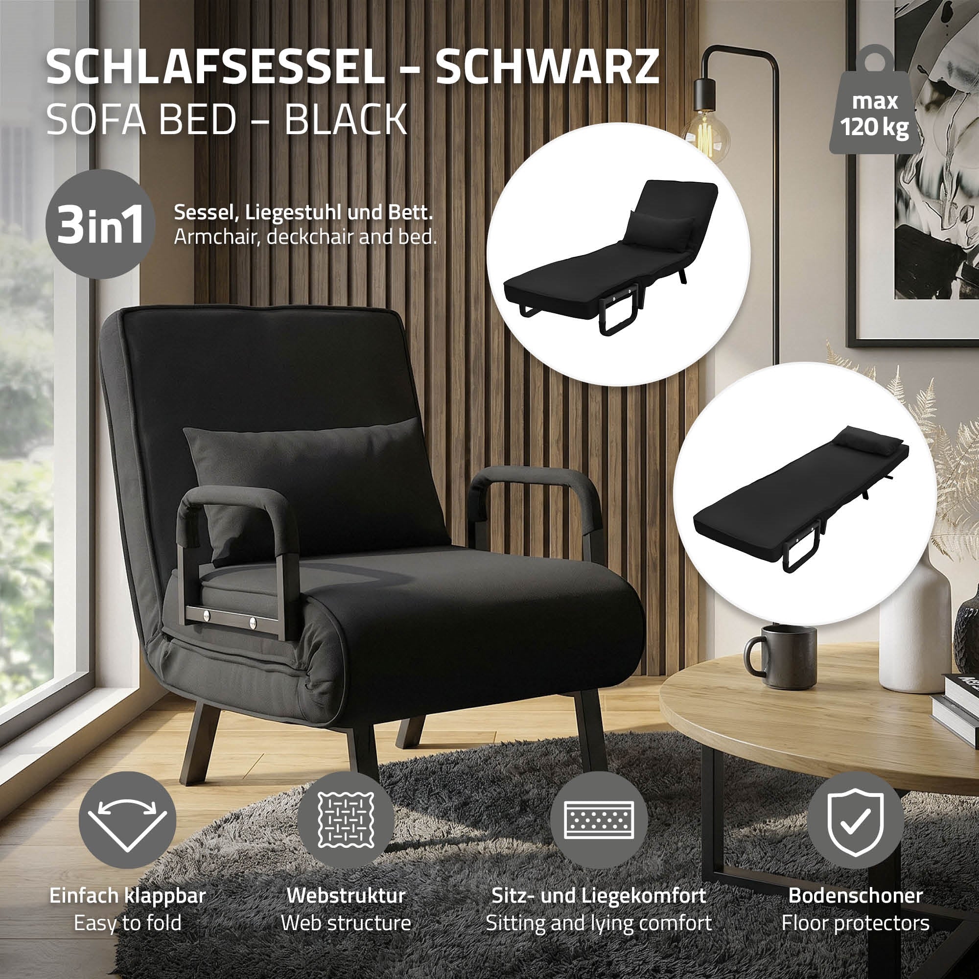 ECD Germany ML-Design fauteuil lit chenille noir 186x60 cm convertible