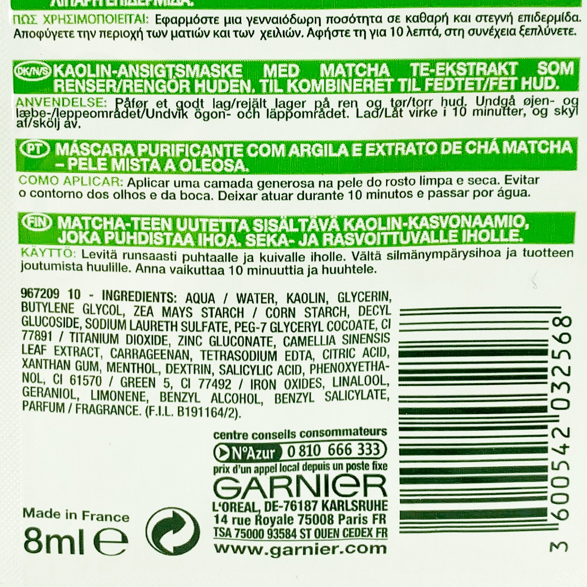 Garnier SkinActive masque purifiant matcha kaolin peaux mixtes