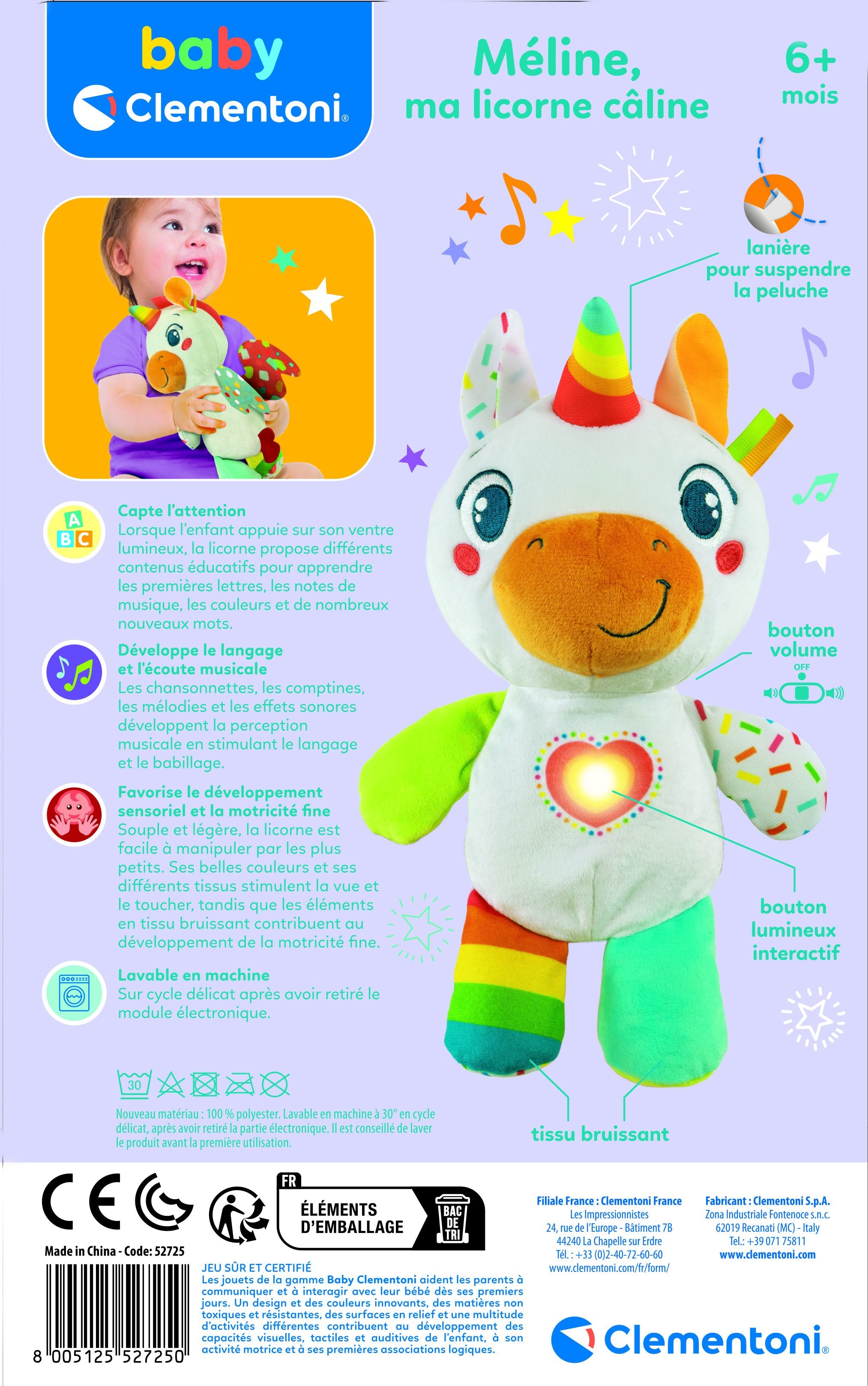 Stokomani Meline Peluche Licorne Multisensorielle 0-24 Mois