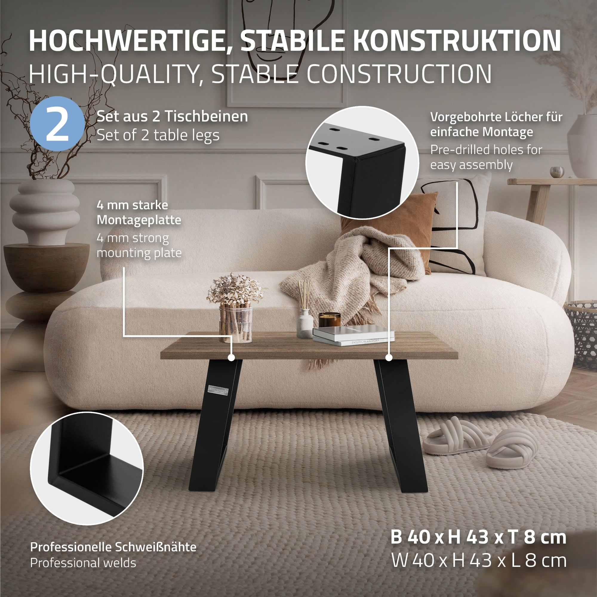 ECD Germany Garten pieds traîneau 40x43 cm noir acier lot 2