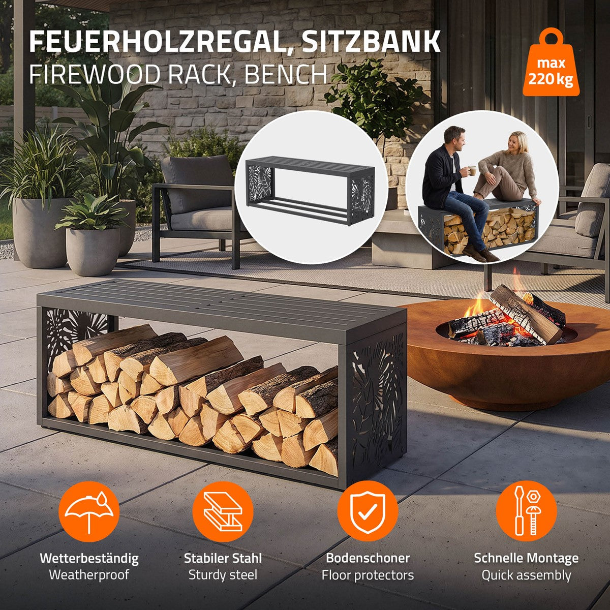 ECD Germany Garten range-bûches banc 120cm anthracite acier