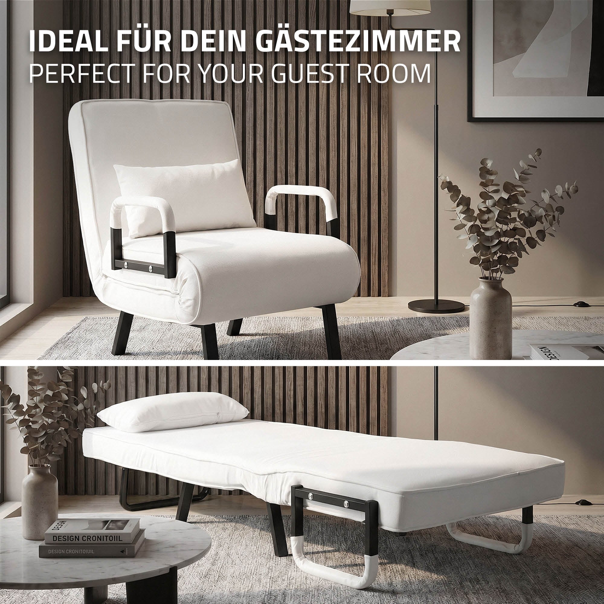 ECD Germany Meuble fauteuil-lit blanc 186x60 cm chenille acier