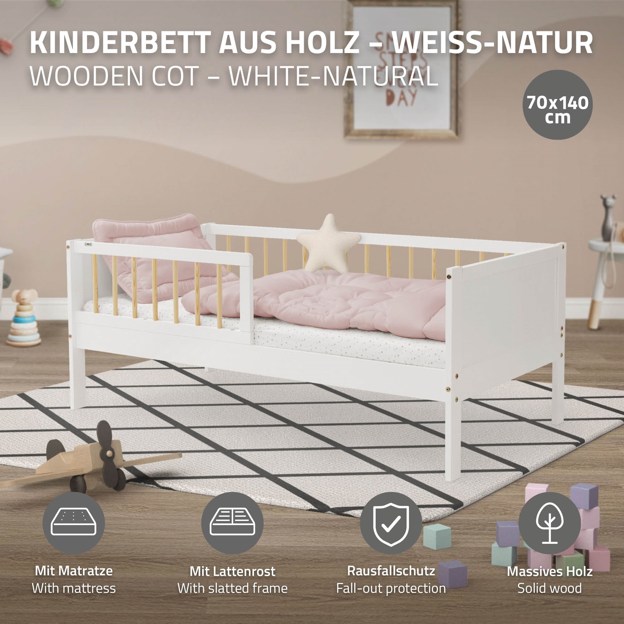 ECD Germany Kinder lit enfant 70x140 blanc naturel avec matelas