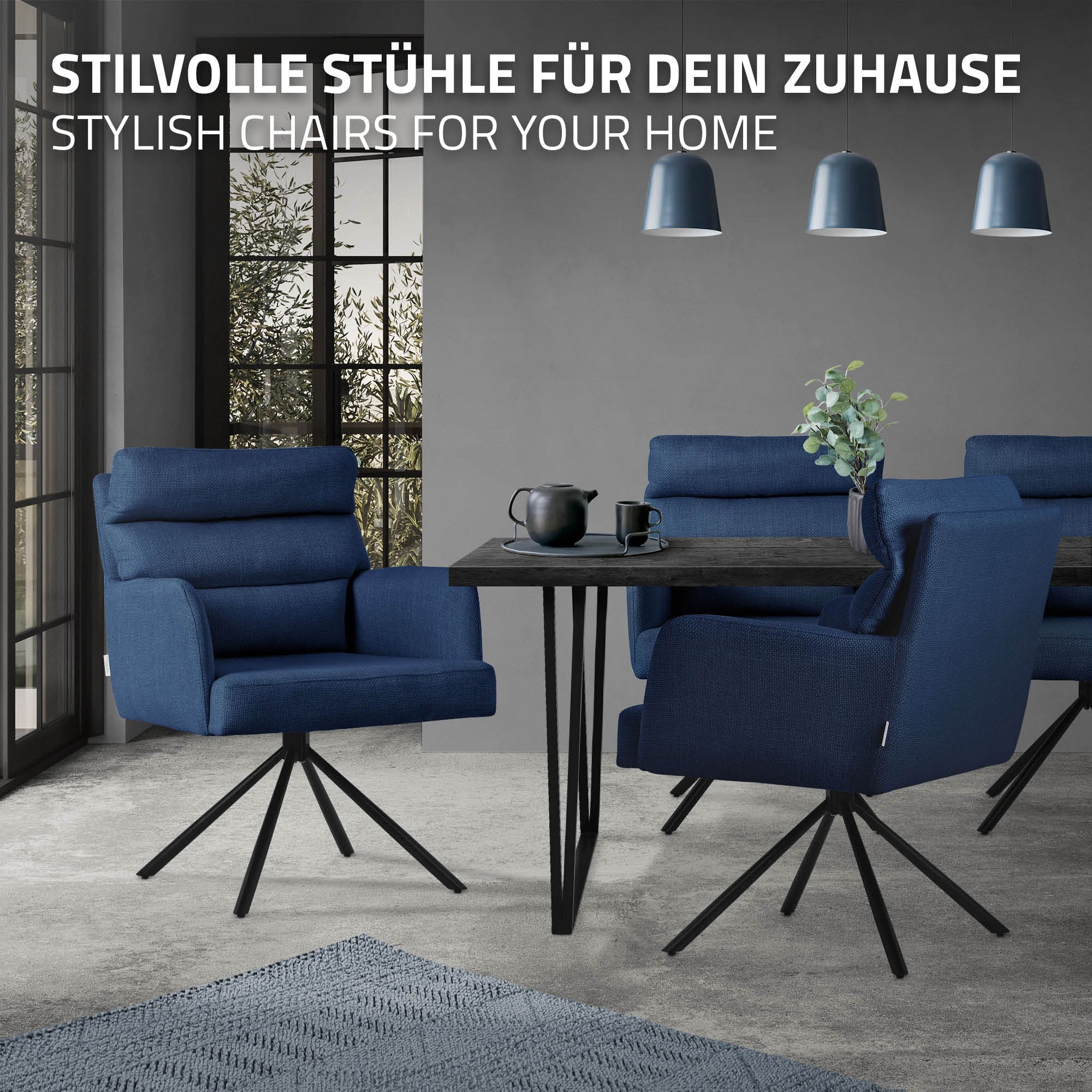 ECD Germany chaise salle à manger bleu foncé pivotante tissu