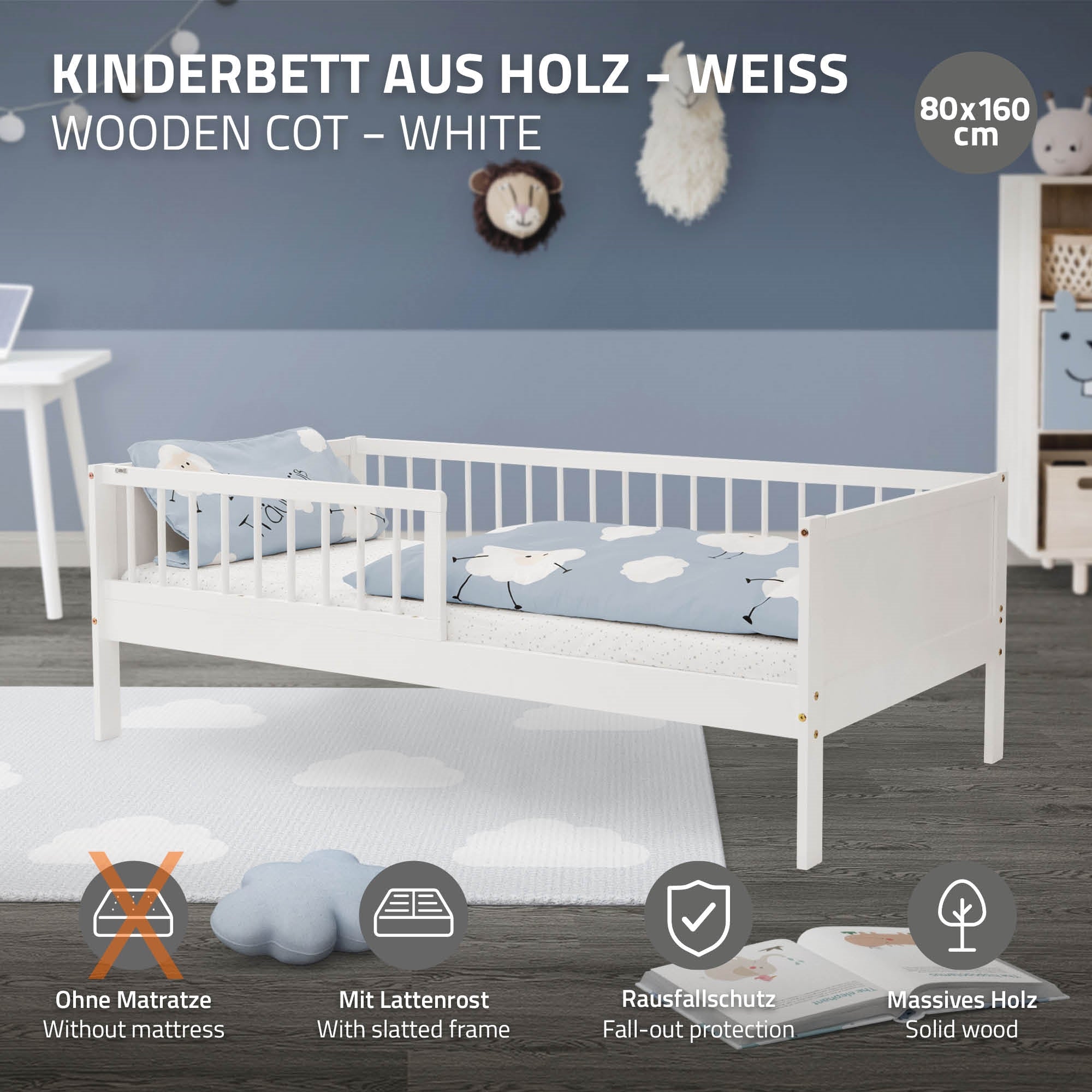 ECD Germany Kinder lit enfant 80x160 blanc pin barrière