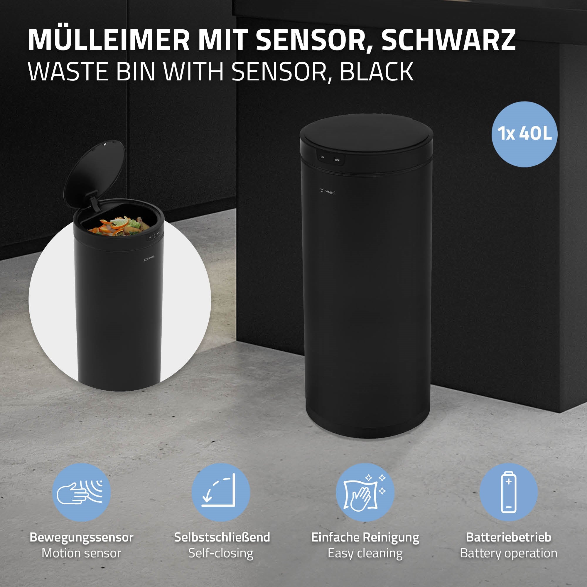 ML-Design Poubelle capteur 40L acier noir mat