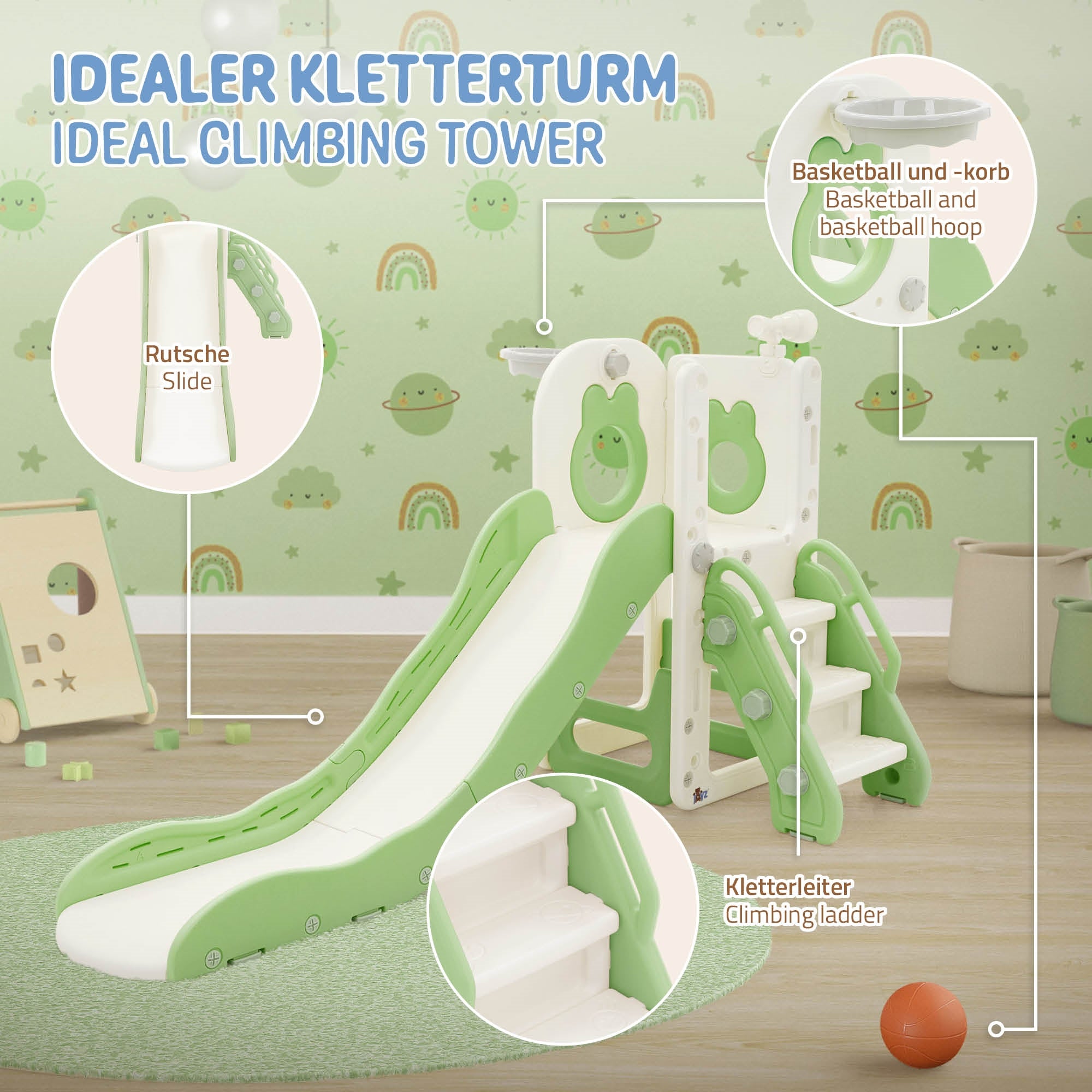 Joyz Tour de jeu 3-en-1 toboggan vert-blanc
